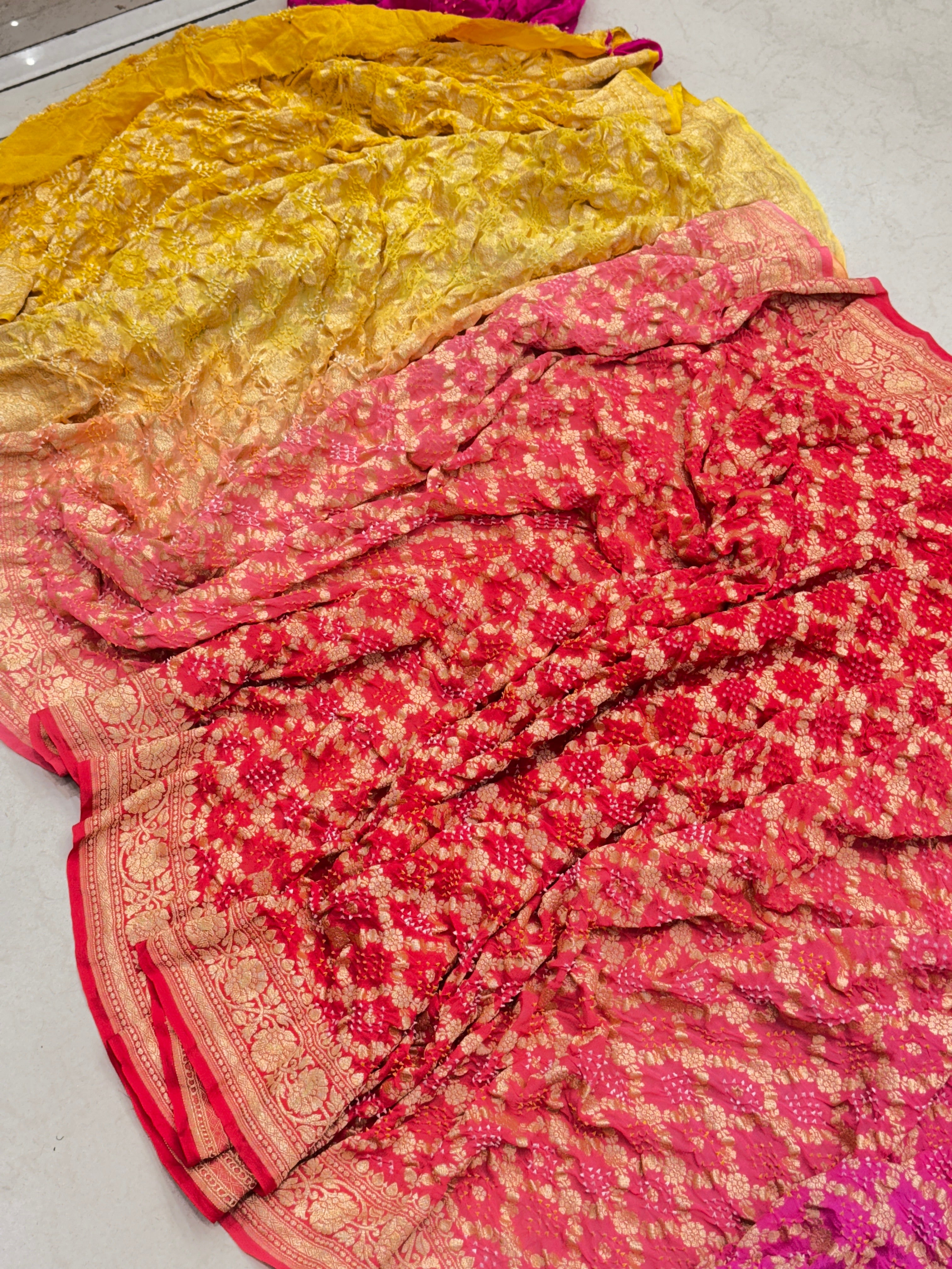 Six Shaded Butti Jaal Bandhej Bandhini Saree