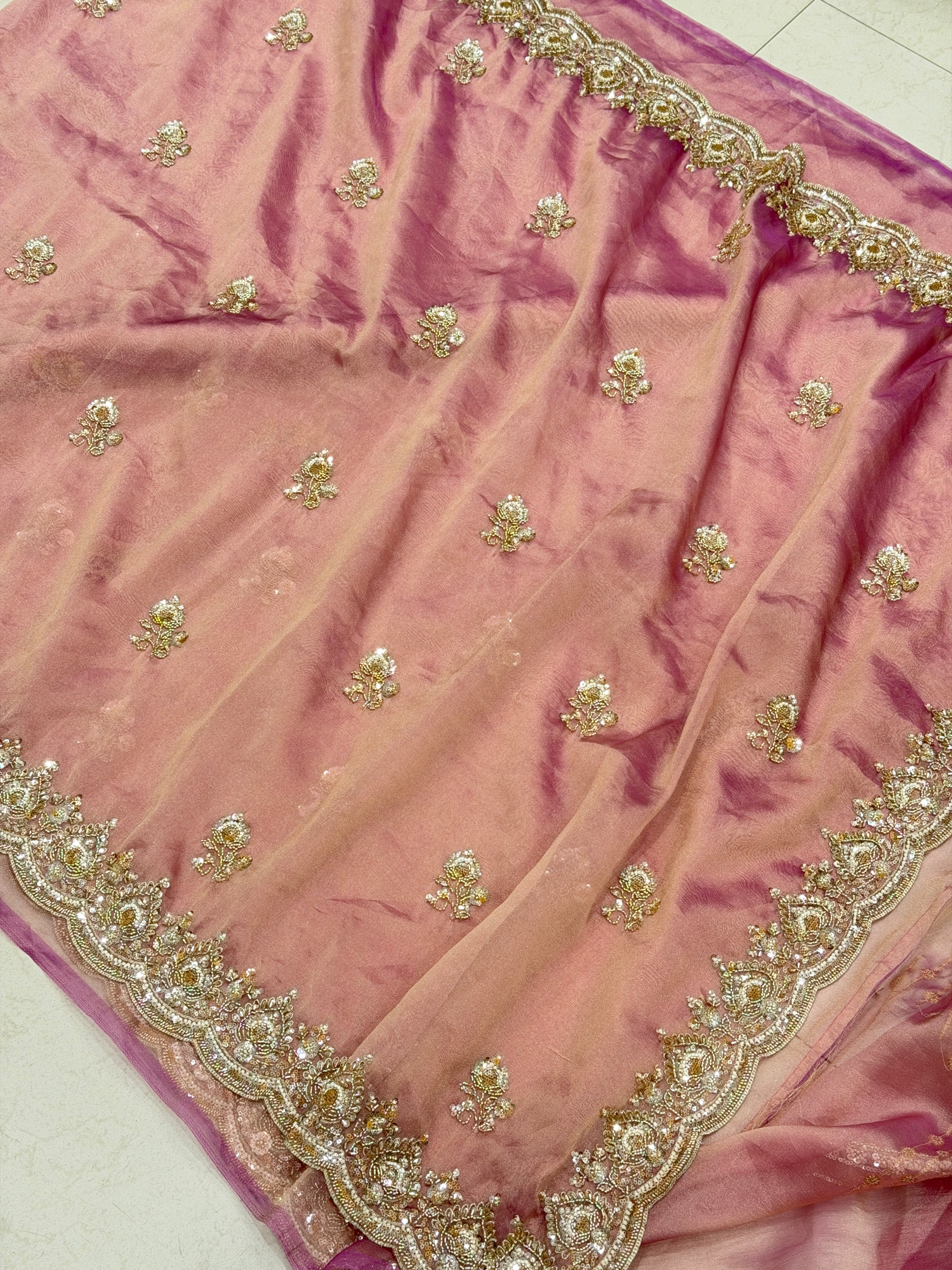 Pink Tissue Organza Moti Sequin Embroidery Heavy Blouse Saree