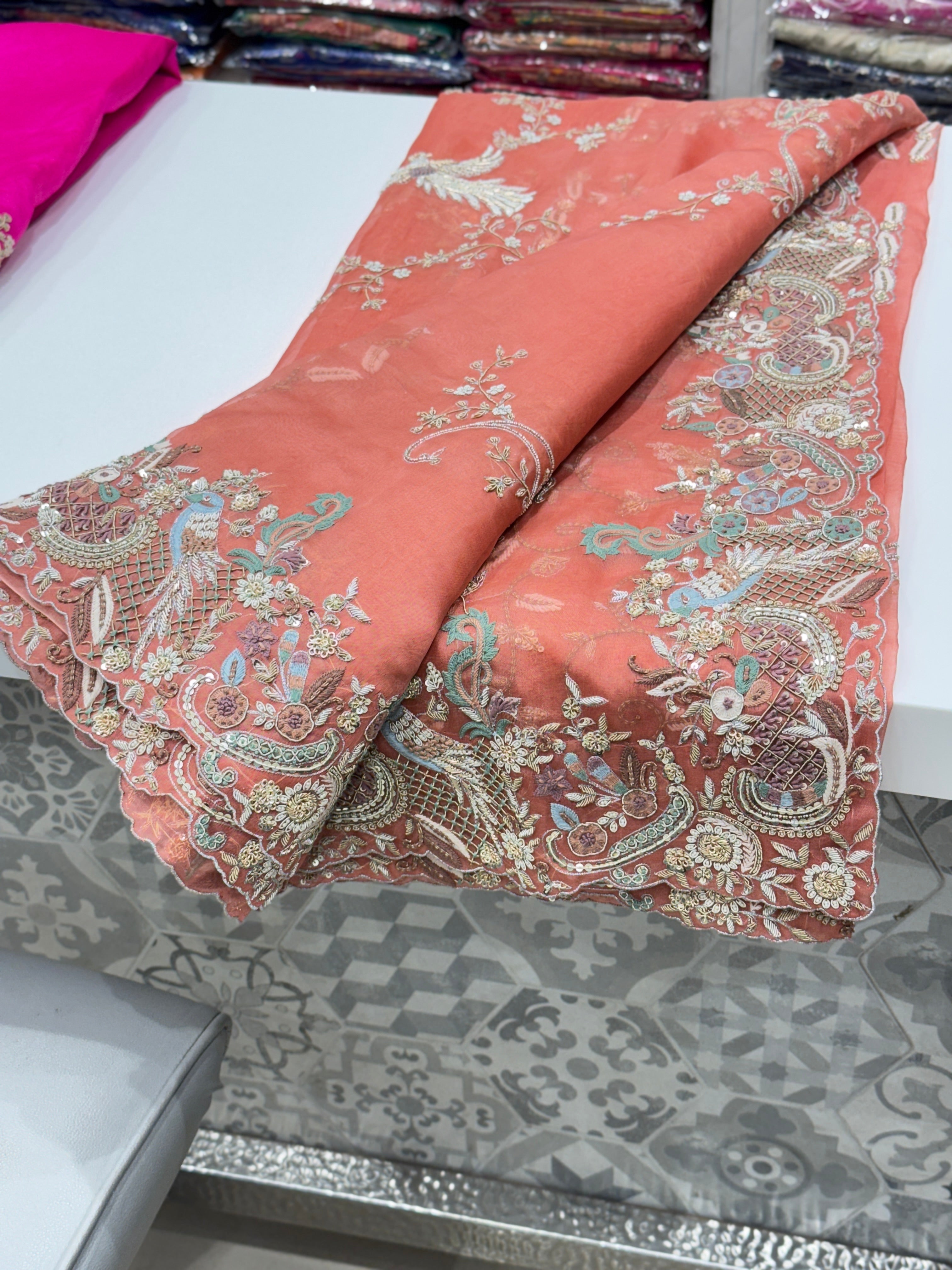 Peach Organza Zardosi Jaal Hand Embroidery Saree
