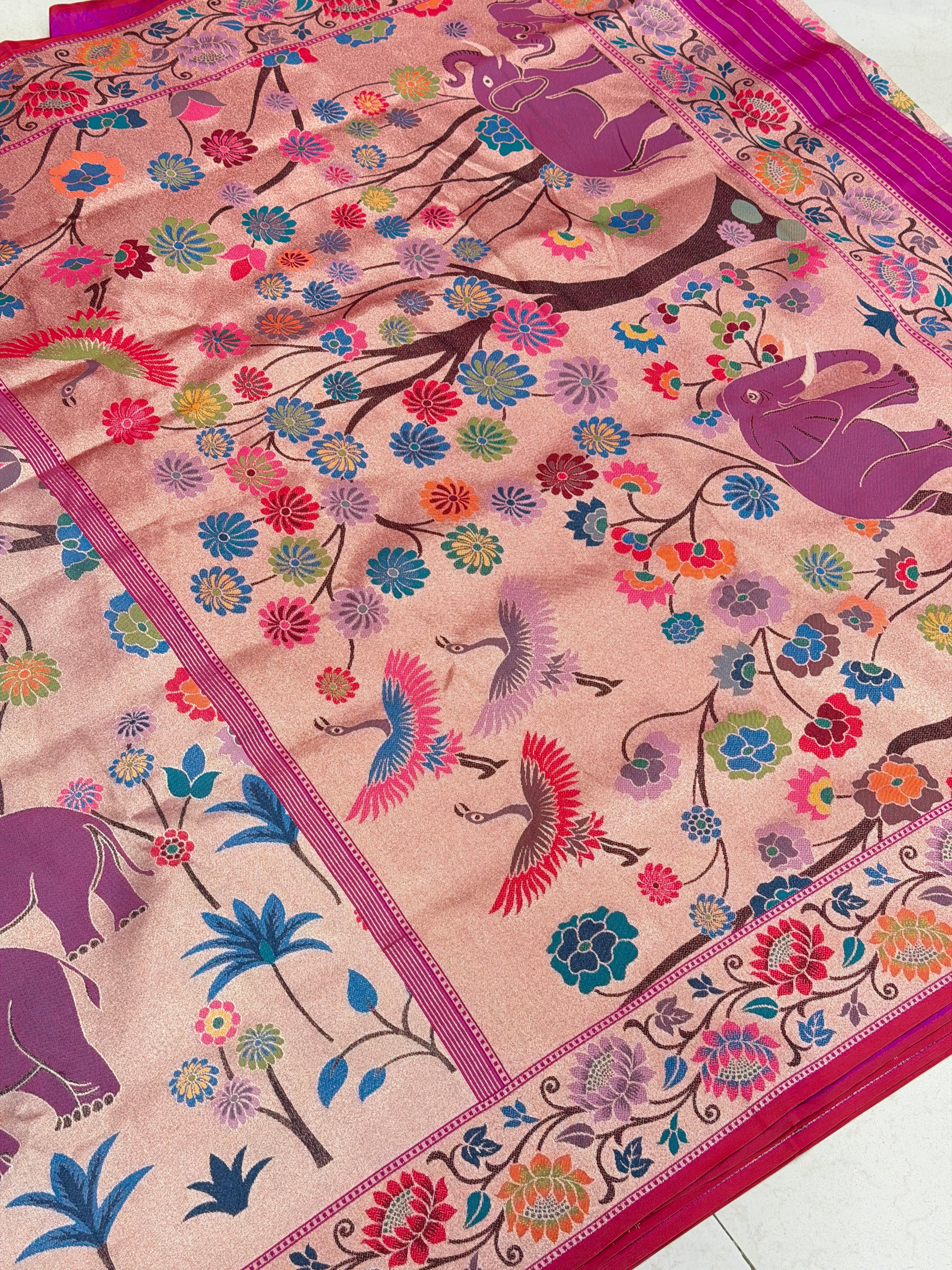 Golden Red Tissue Silk Paithani Meenakari Jaal Elephant Motif Saree