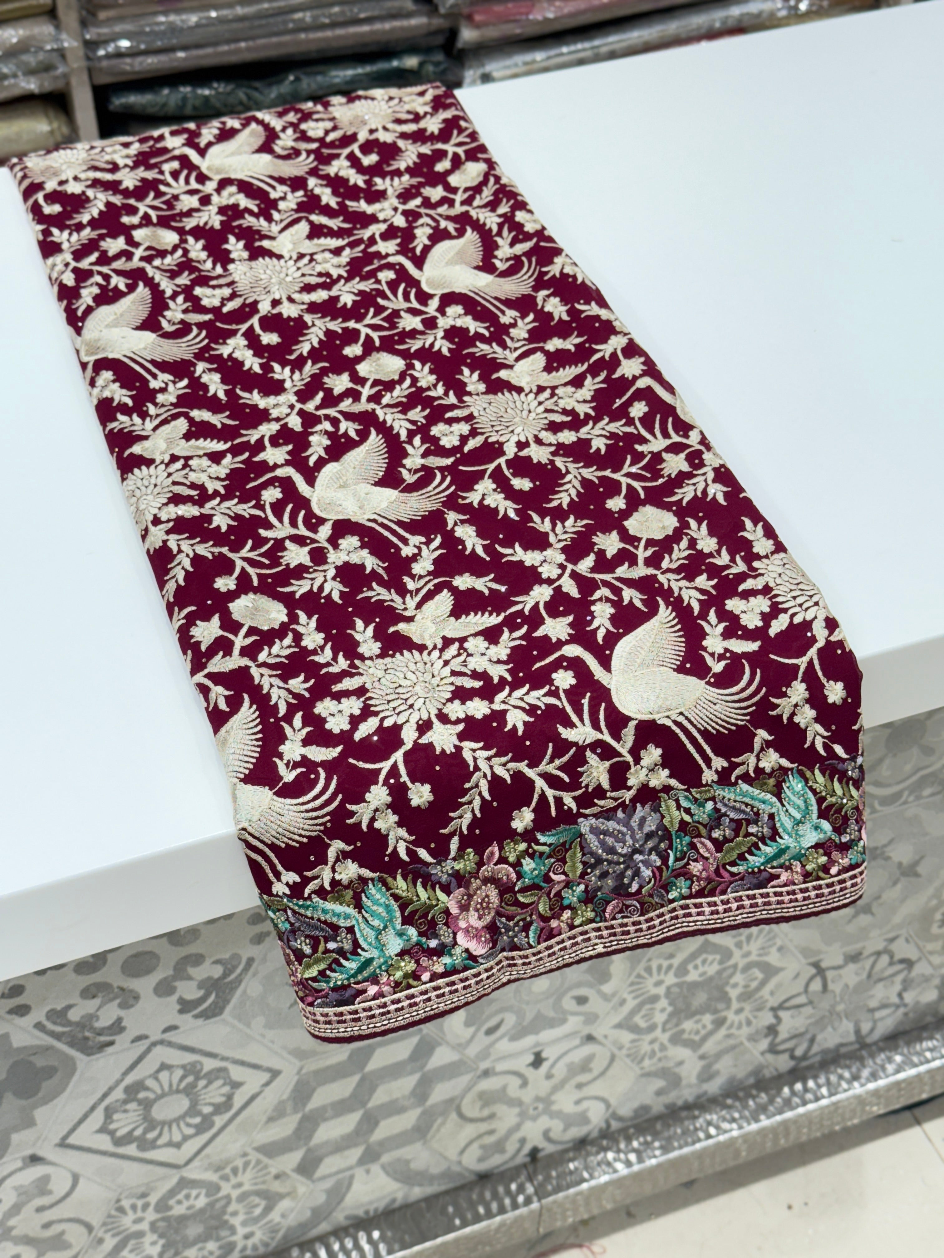Wine Parsi Gara Saree with Stone Work Resham Embroidery