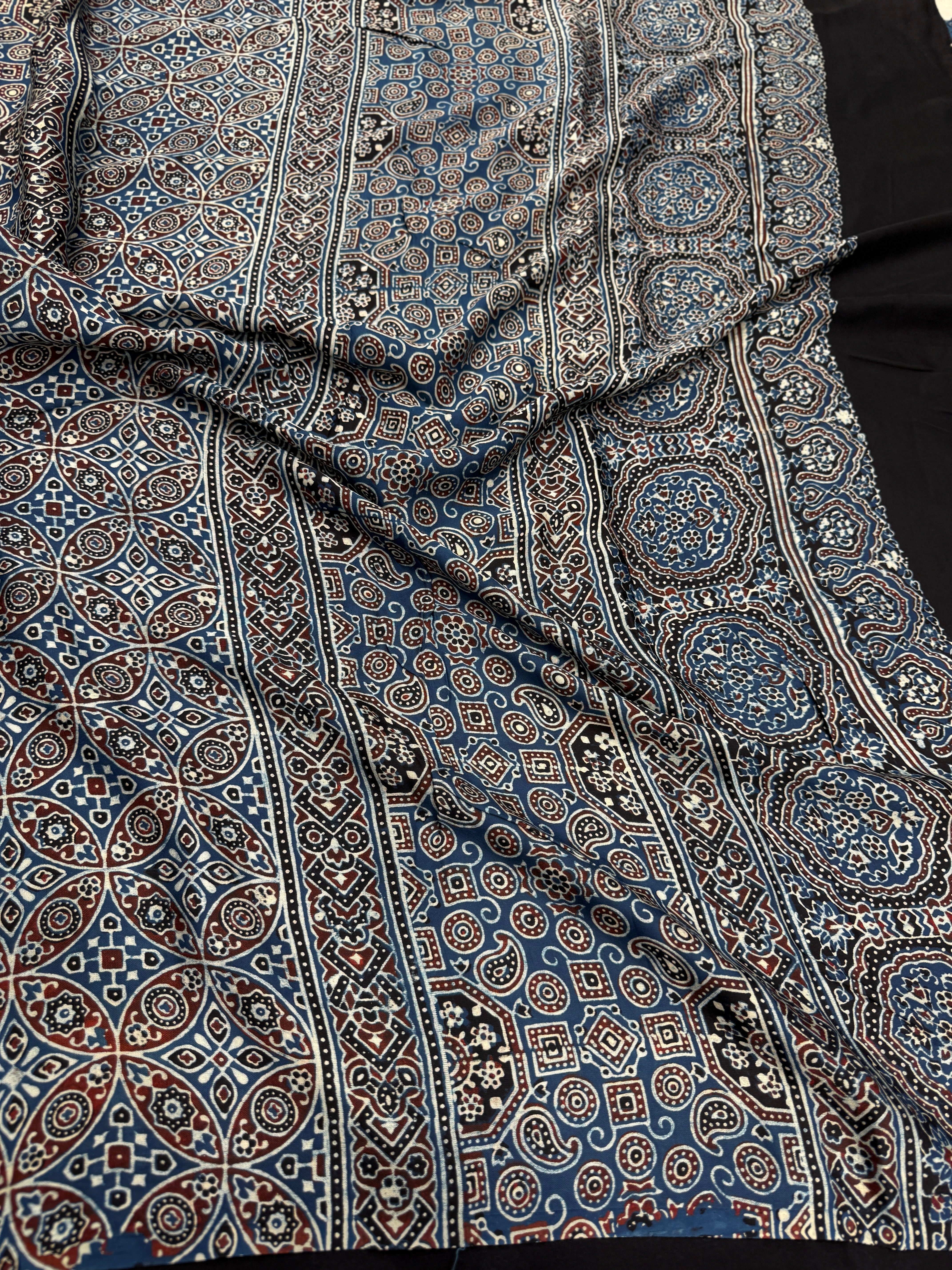 Blue Zig Zag Jaal Ajrakh Block Print Hand Pure Gajji Silk Saree