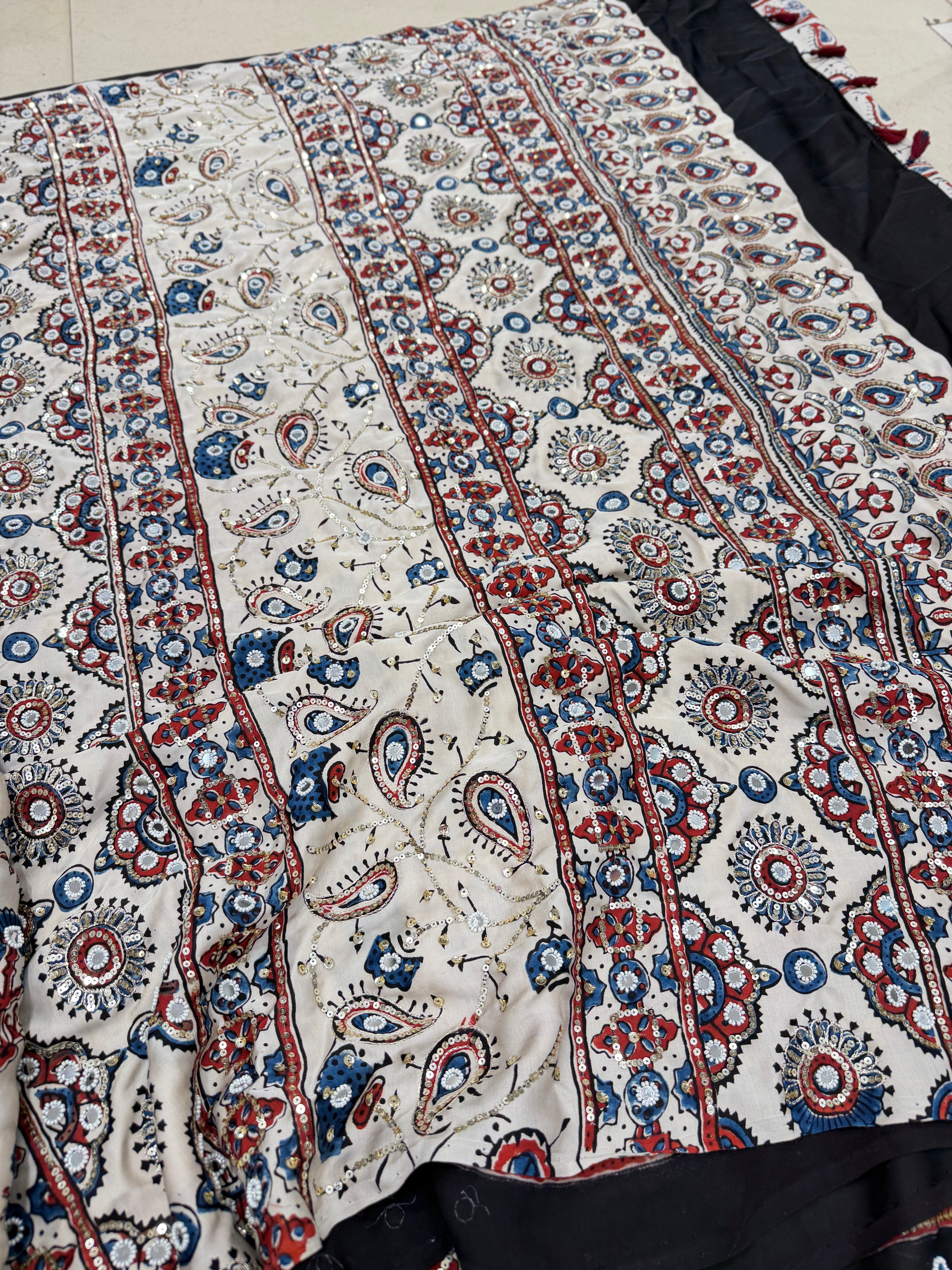 White Ajrakh Real Mirror Moti Sequin Hand Embroidery Saree