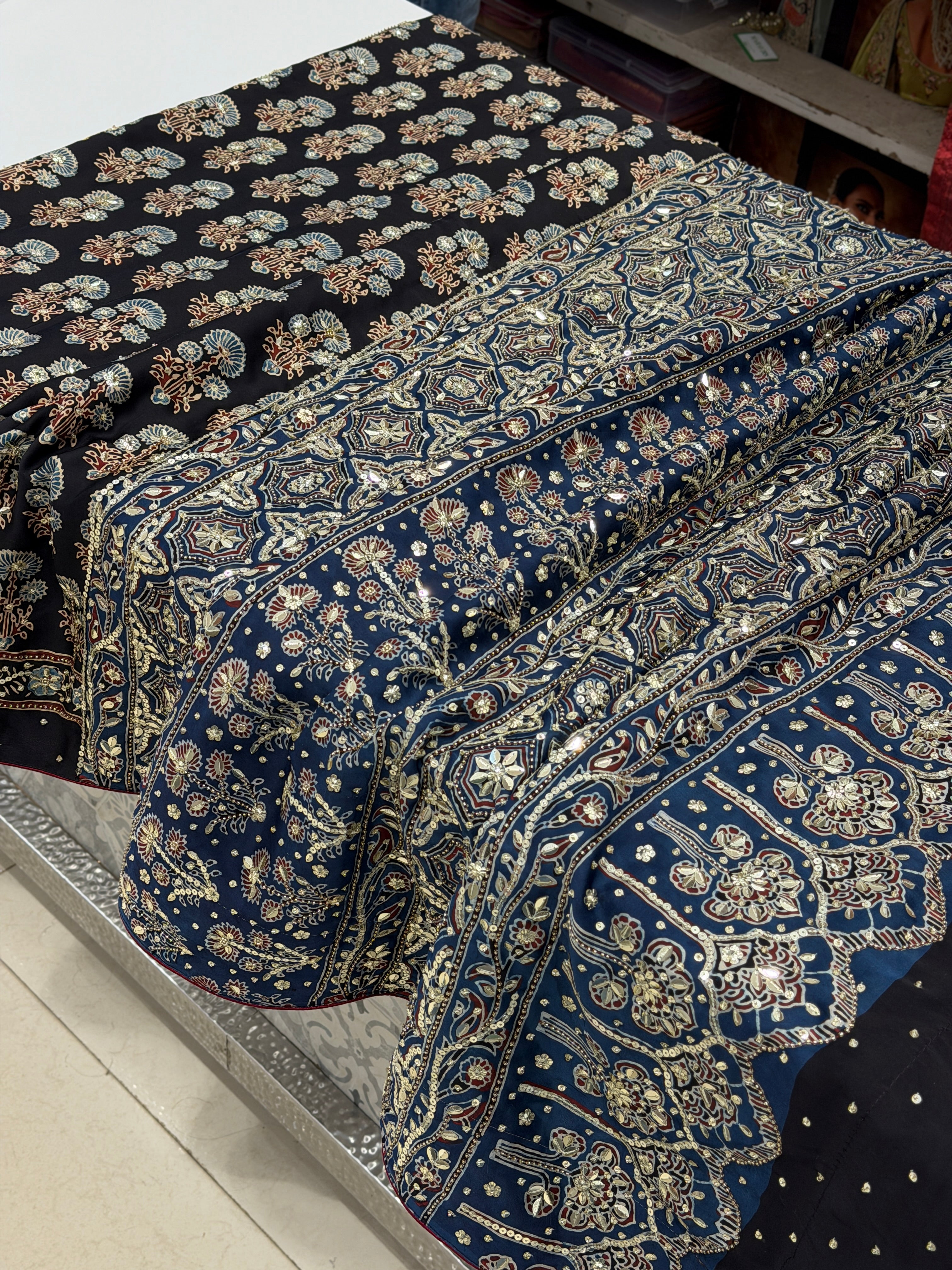 Black Butta Moti Sequin Ajrakh Hand Embroidery Saree