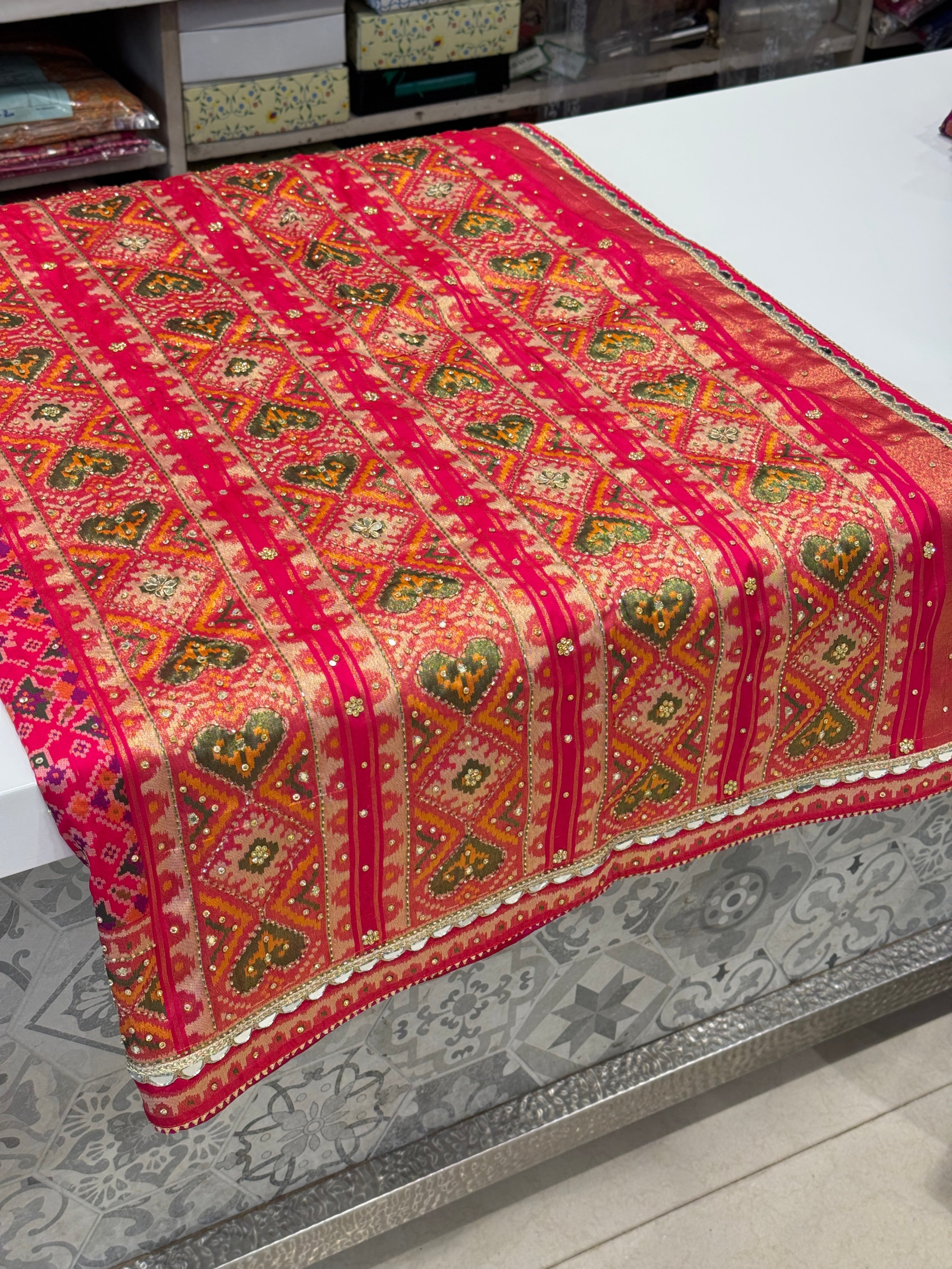 Rani Pink Patola Hand Embroidery Saree with Real Mirrors