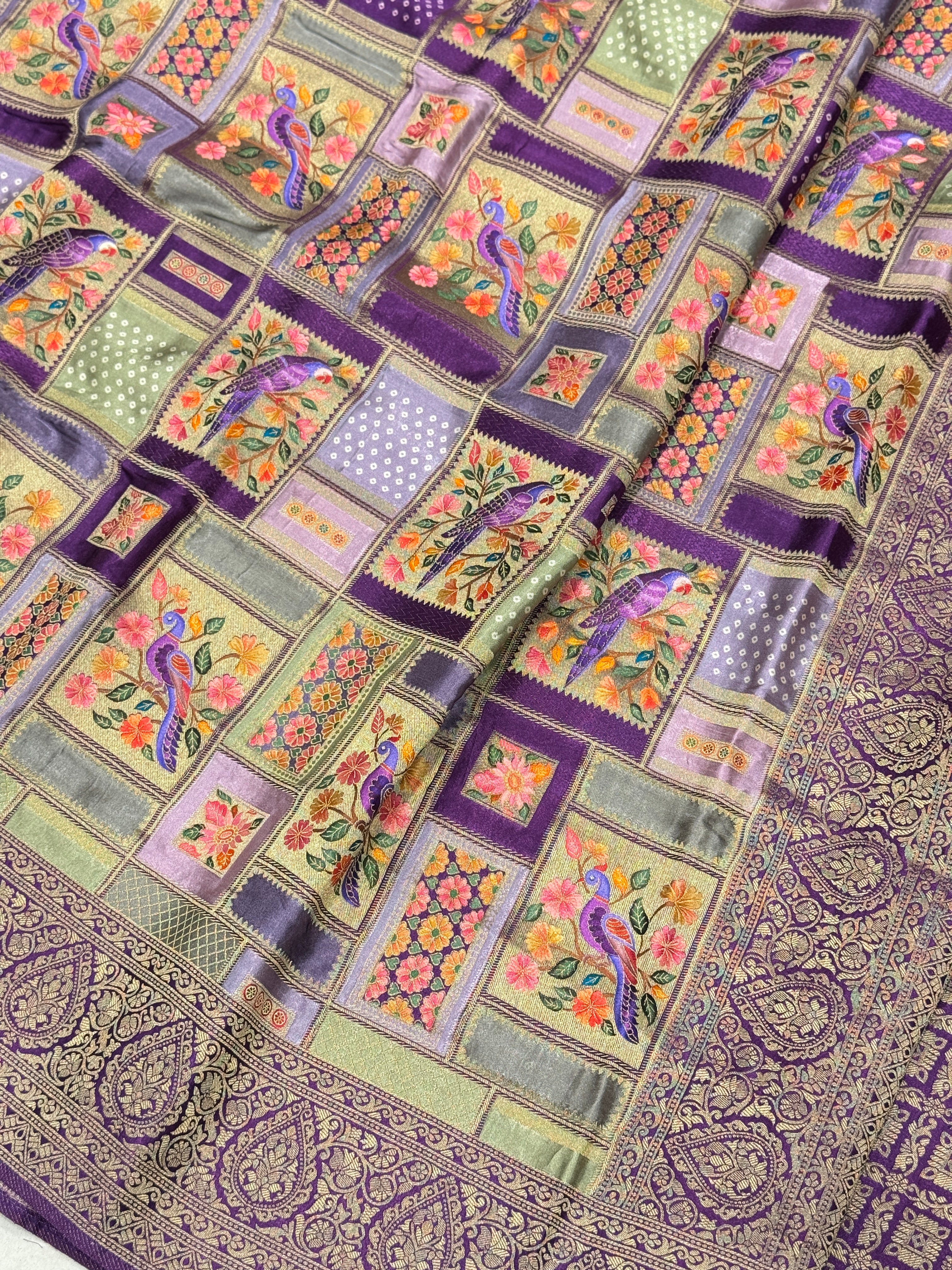 Violet Banarasi Modal Rangkat Satin Checkered Silk Saree