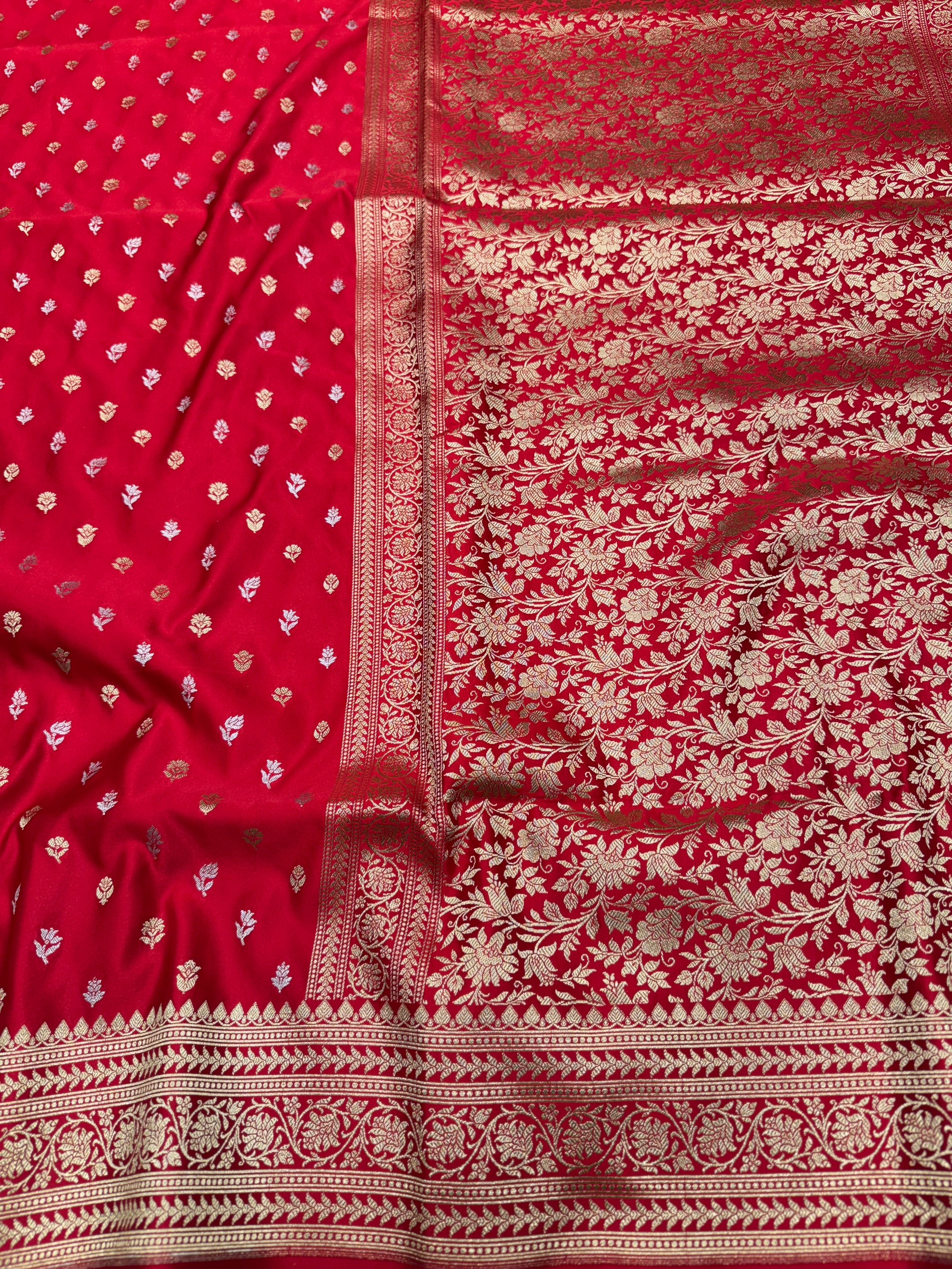 Red Sona Roopa Floral Butti Banarasi Silk Saree