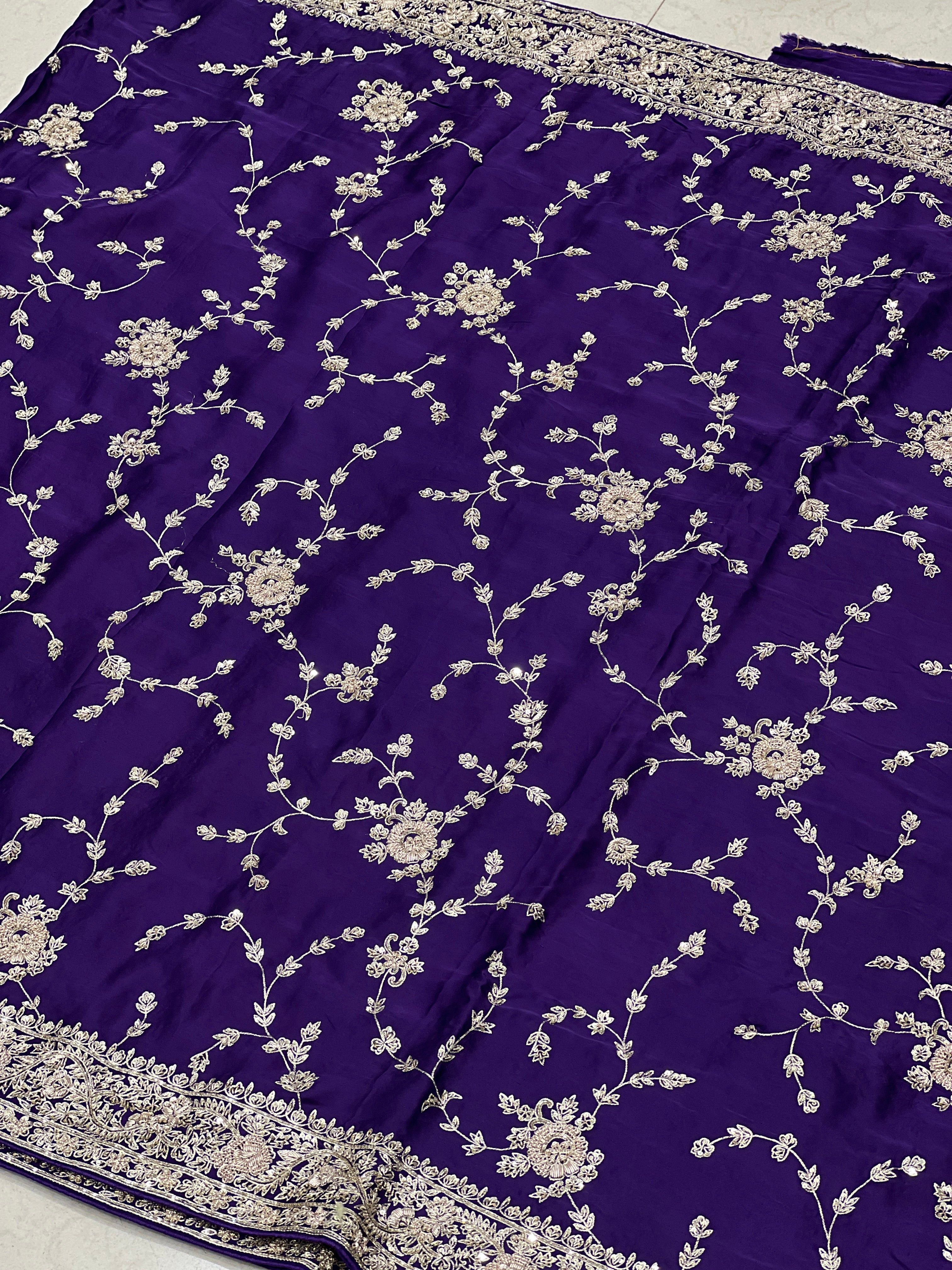 Violet Hand Embroidery Jaal Pure Satin Zardosi Embroidery
