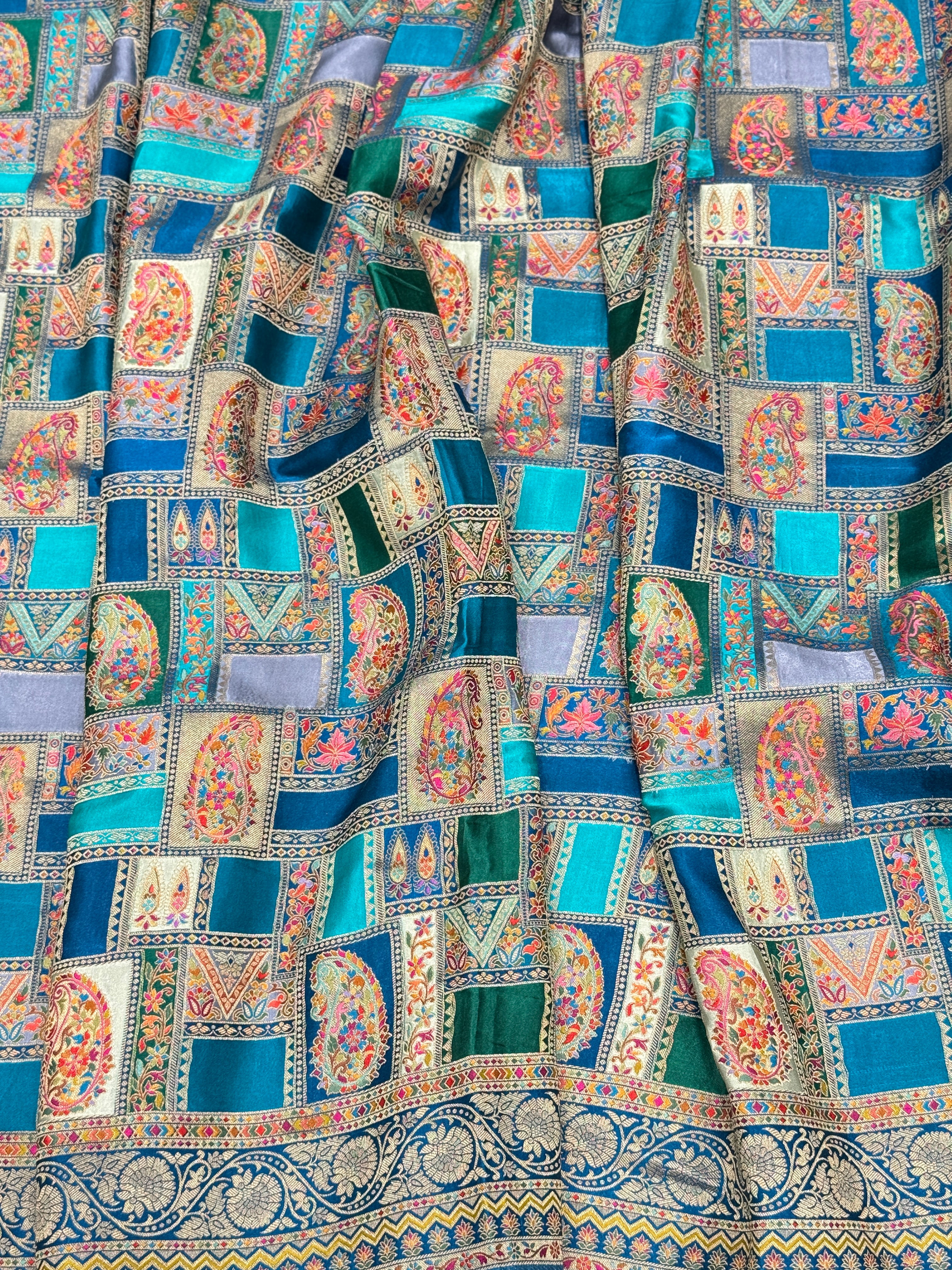 Rama Green Banarasi Modal Rangkat Satin Checkered Silk Saree