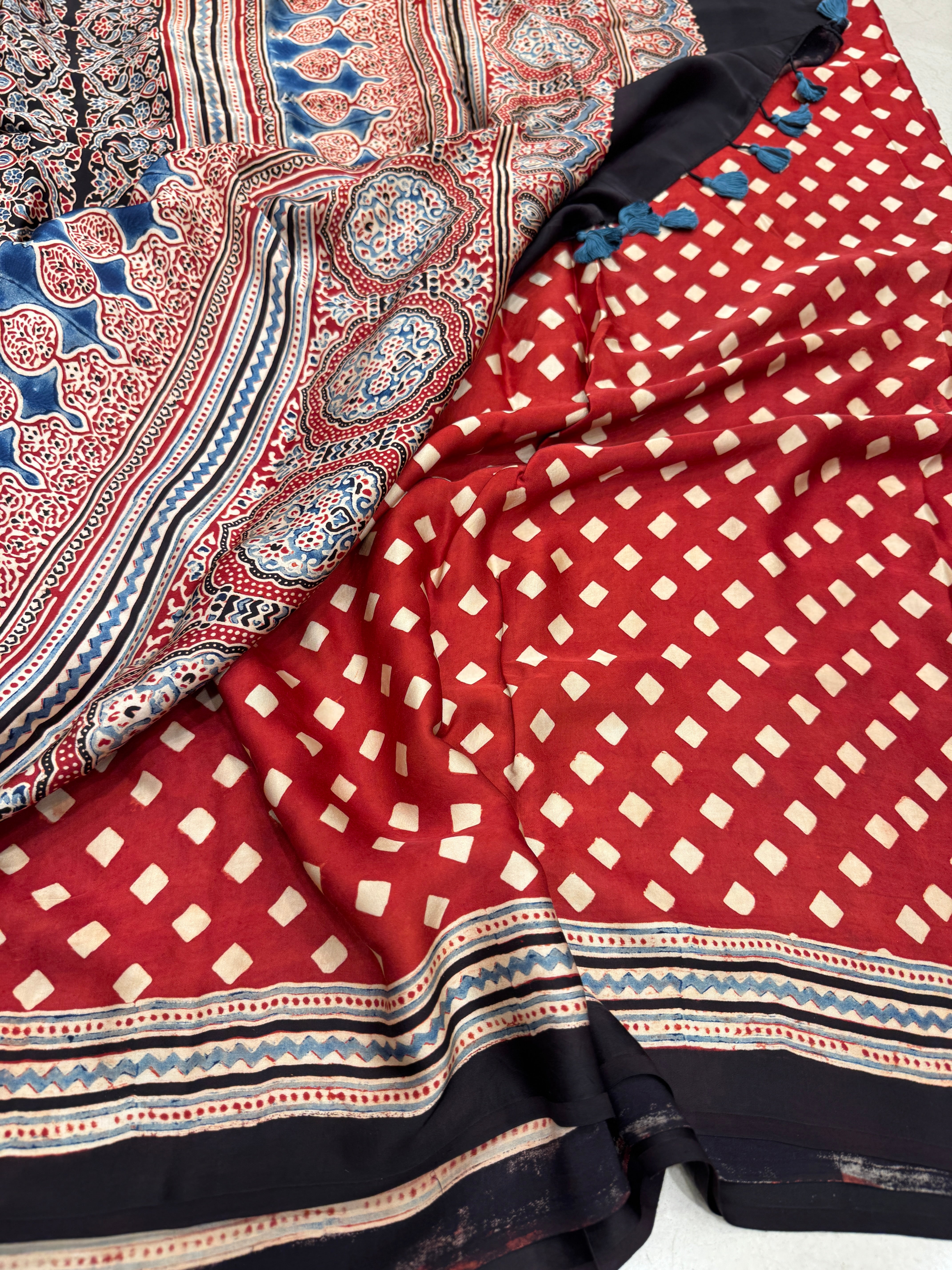 Red Contemporary Jaal Ajrakh Gajji Silk Hand Block Print Saree