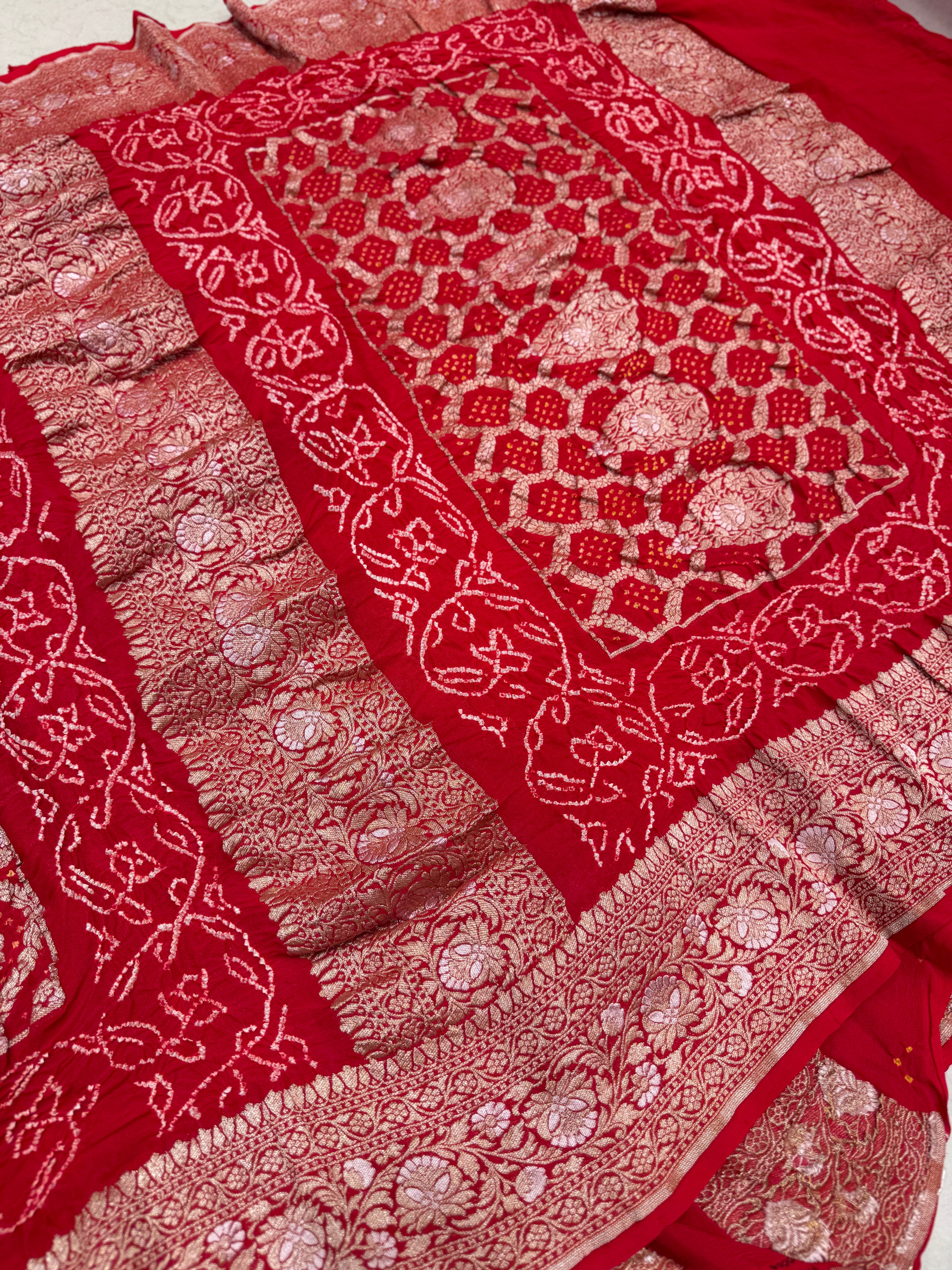 Red Sona Roopa Double Border Rai Bandhej Georgette Bandhini Saree