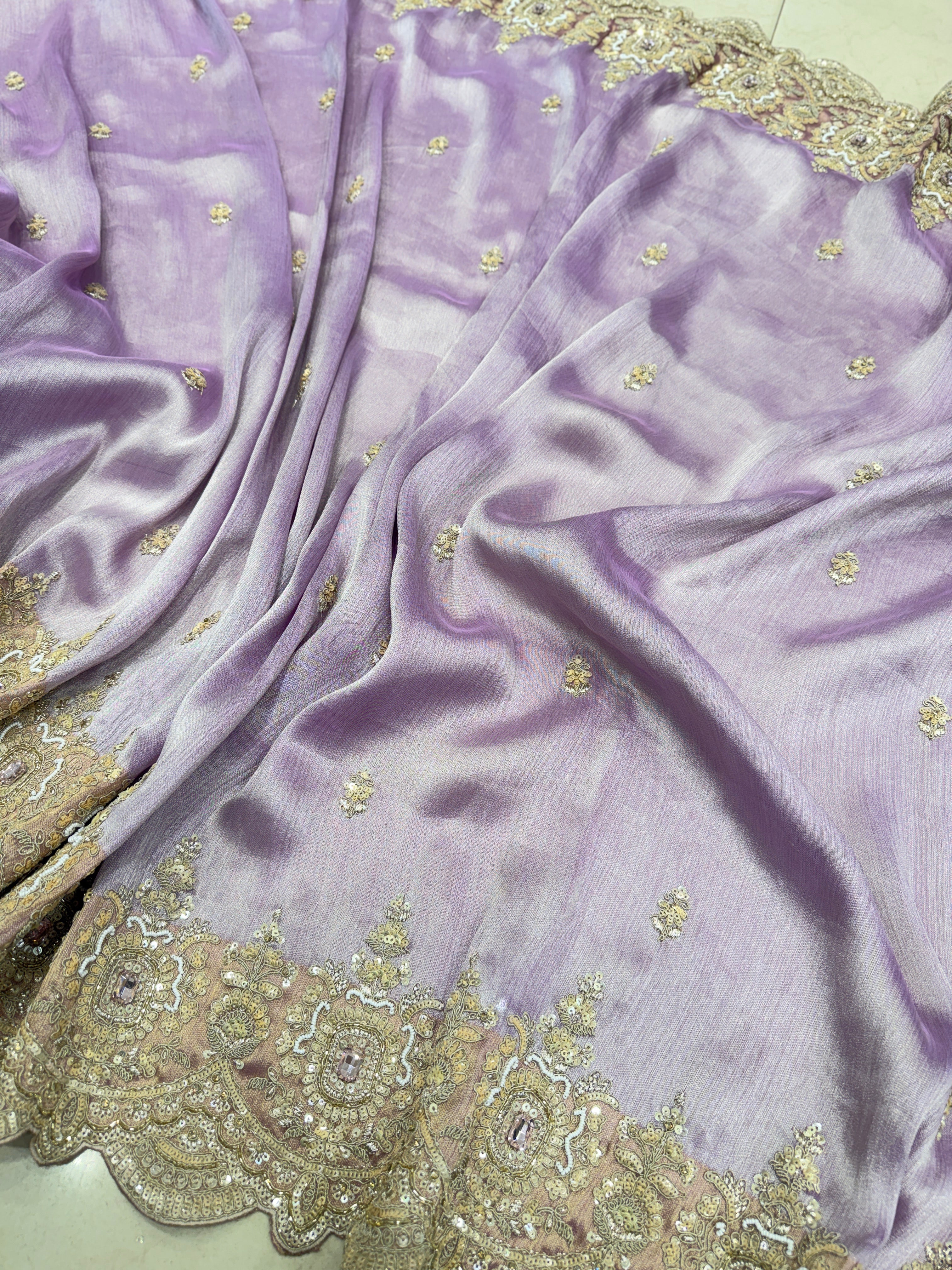 Lilac Golden Silver Soft Tissue Moti Crystal Embroidery Saree