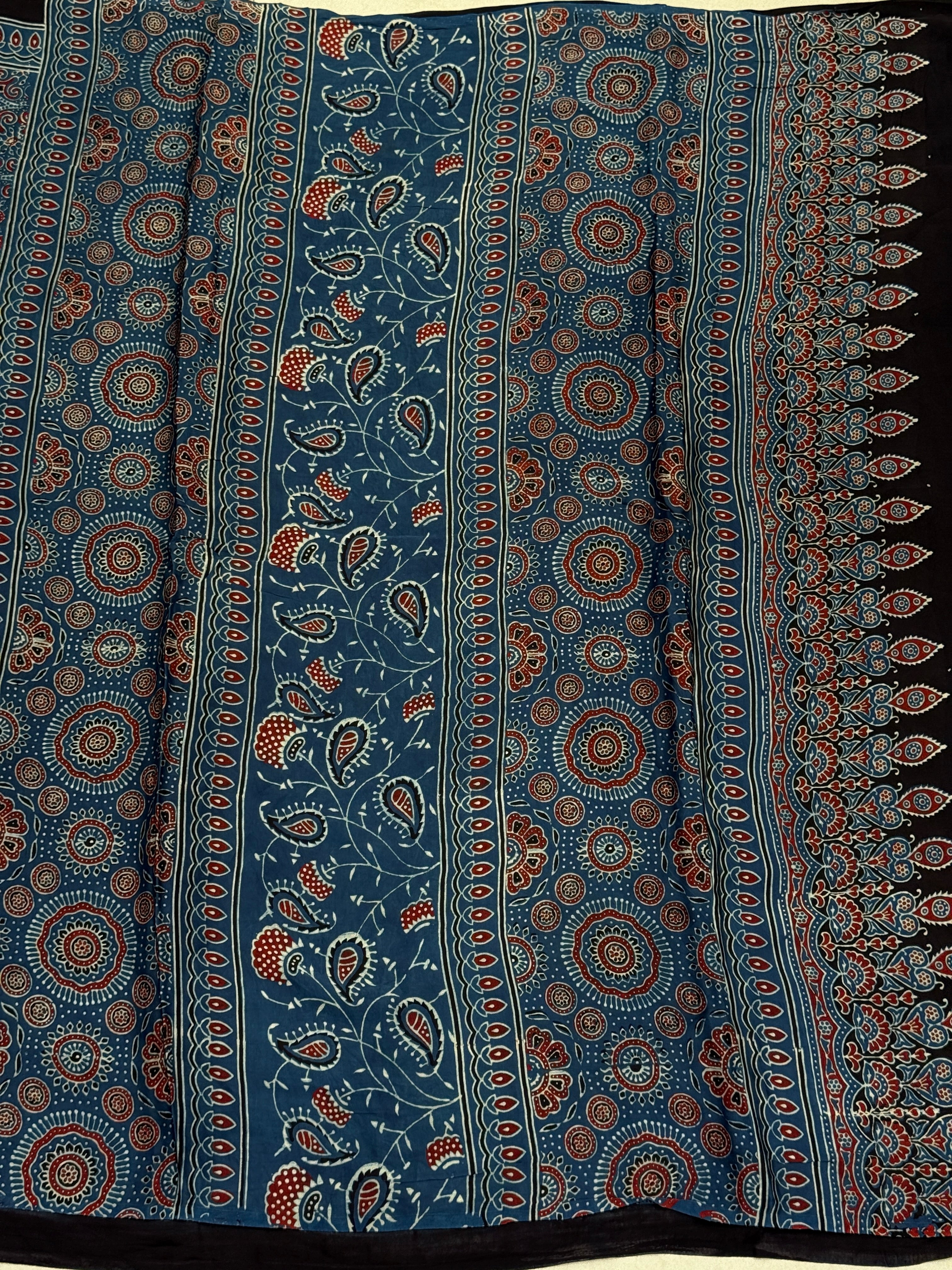 Blue Circle Badam Jaal Ajrakh Block Print Hand Pure Gajji Silk Saree