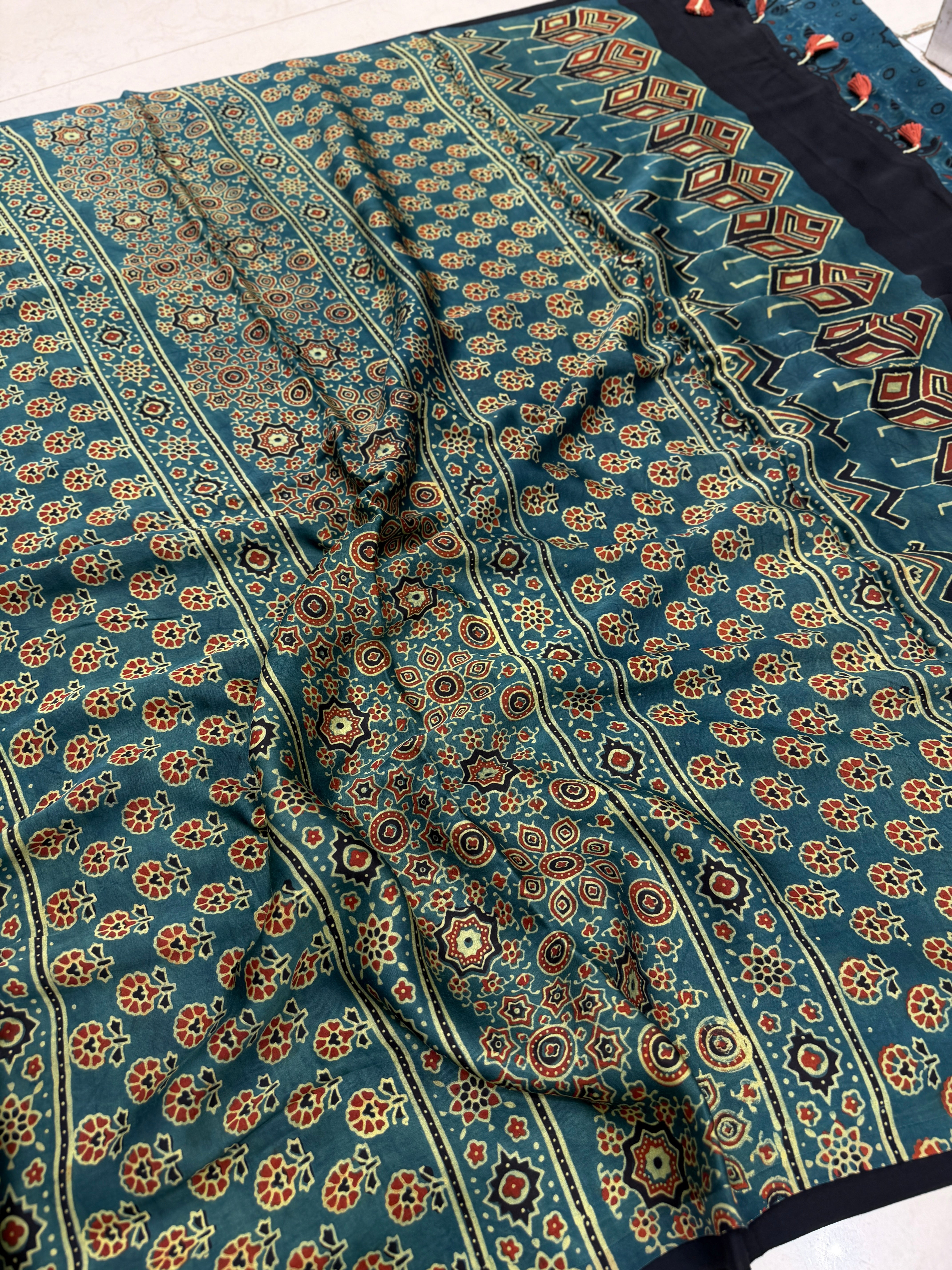 Green Elkweed Flower Buttis Ajrakh Hand Block Print Pure Modal Silk Saree