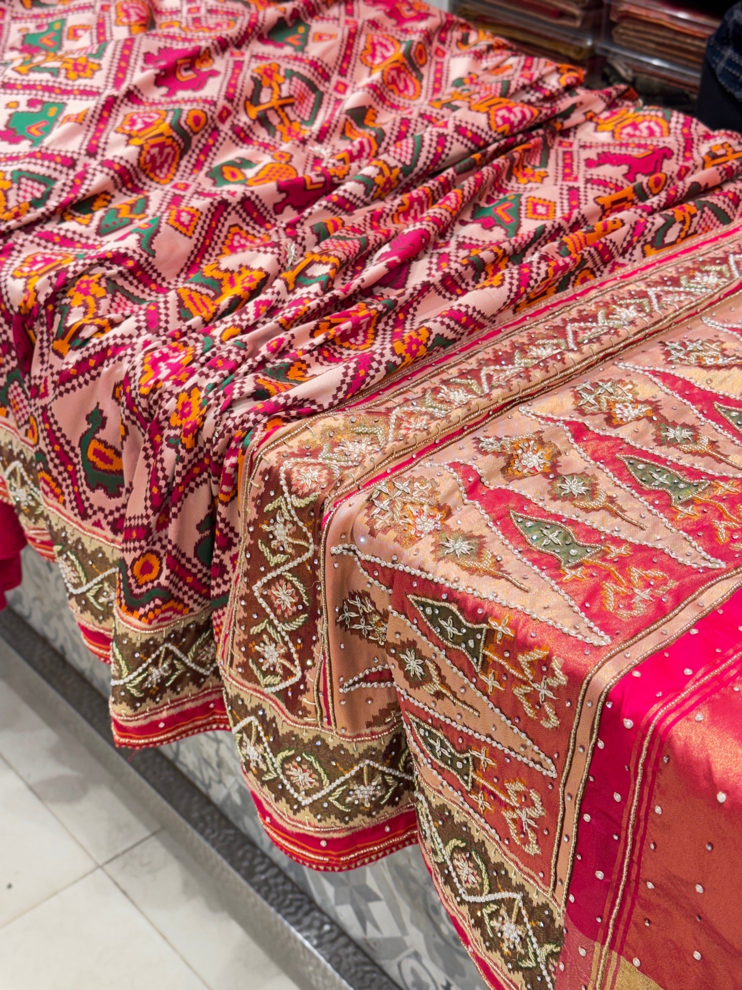 Rani Patola Rajkoti Style Weaved Hand Embroidery Saree