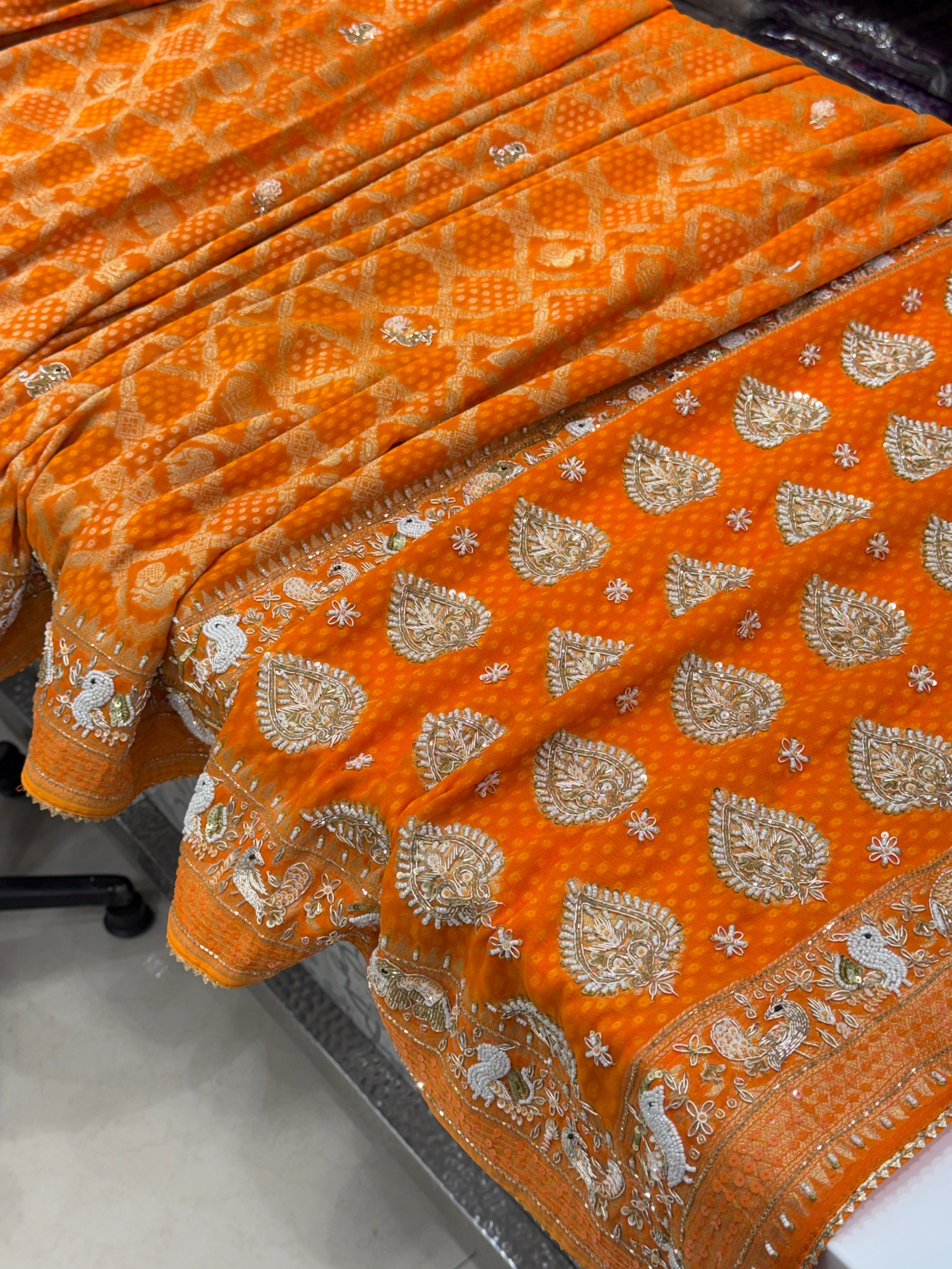 Orange Woven Bandhej Georgette Hand Embroidery Saree