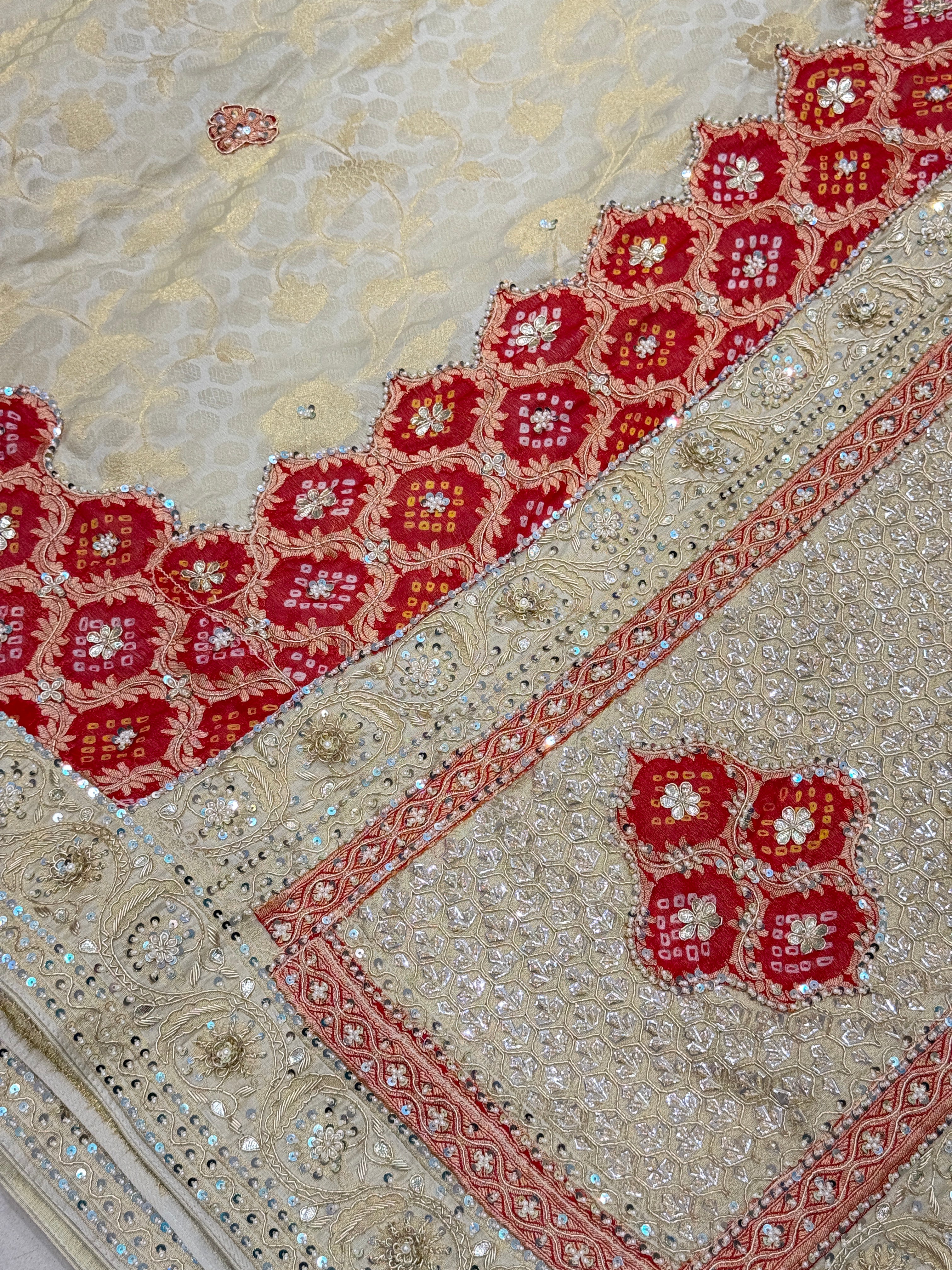 Beige Crepe Tissue Bandhani Patch Hand Embroidery Saree