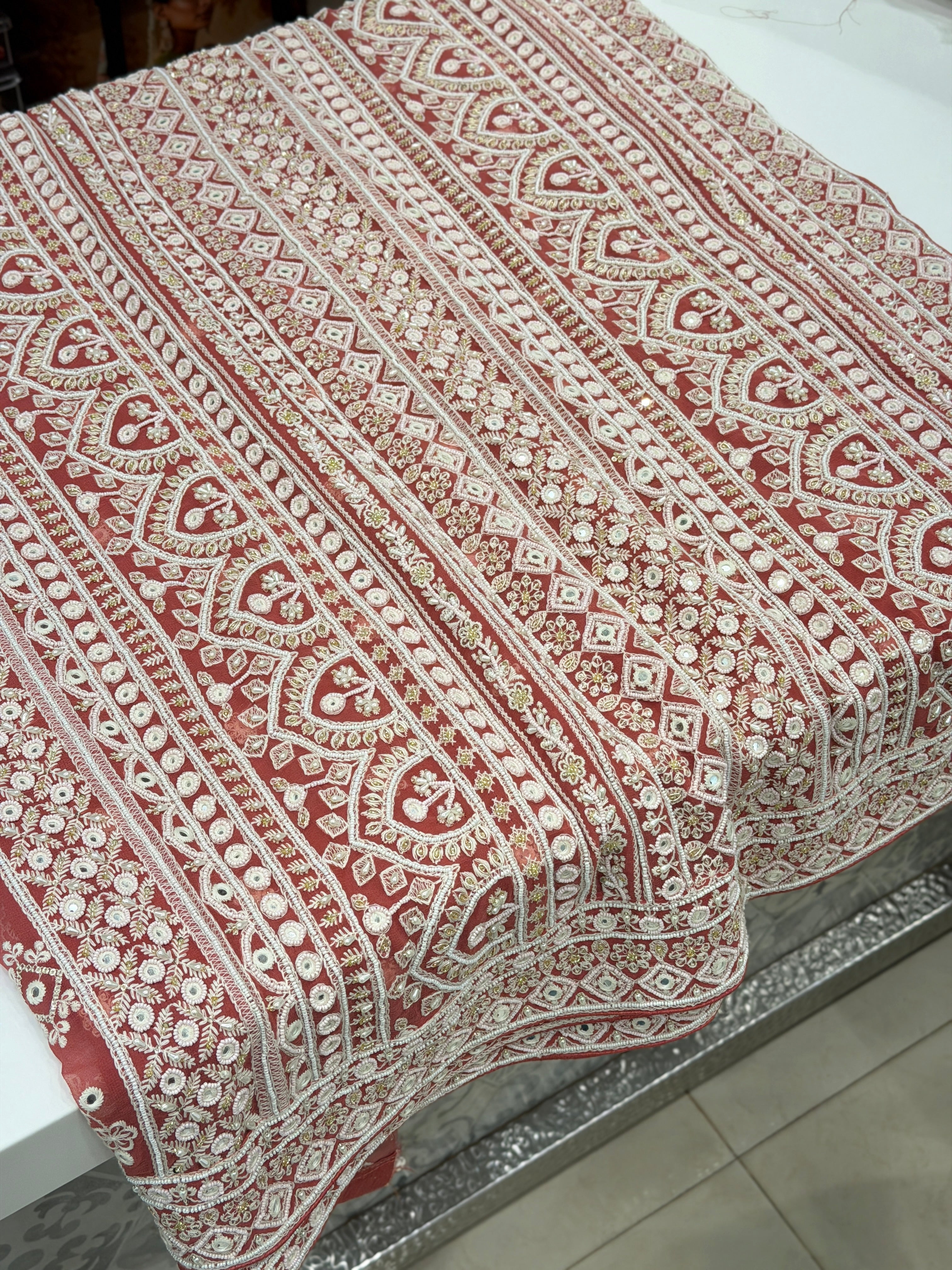 Brick Red Chikankari Georgette Hand Embroidery Moti and Zardosi Saree