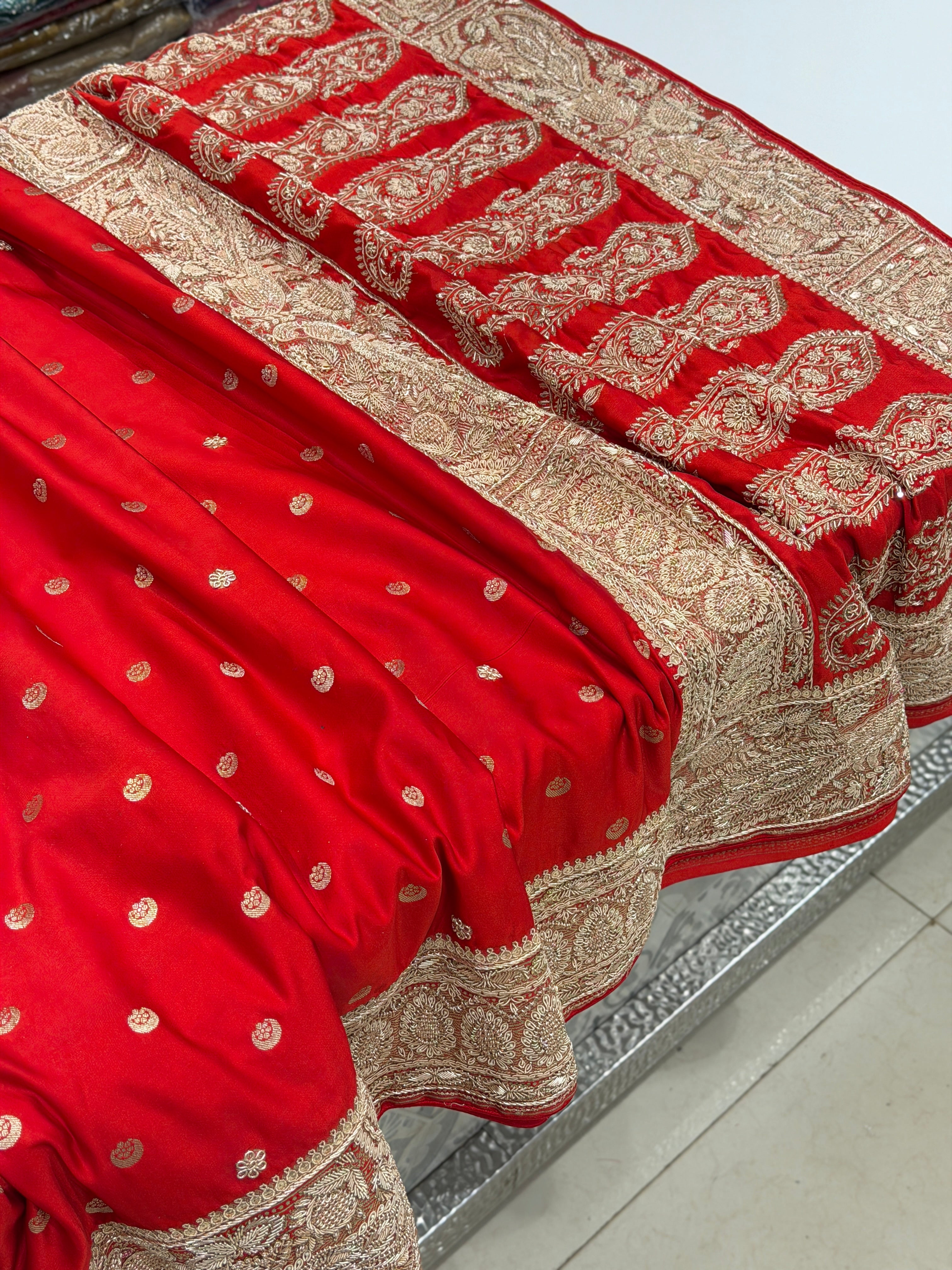 Red Chand Butti Zardosi Hand Embroidery Saree