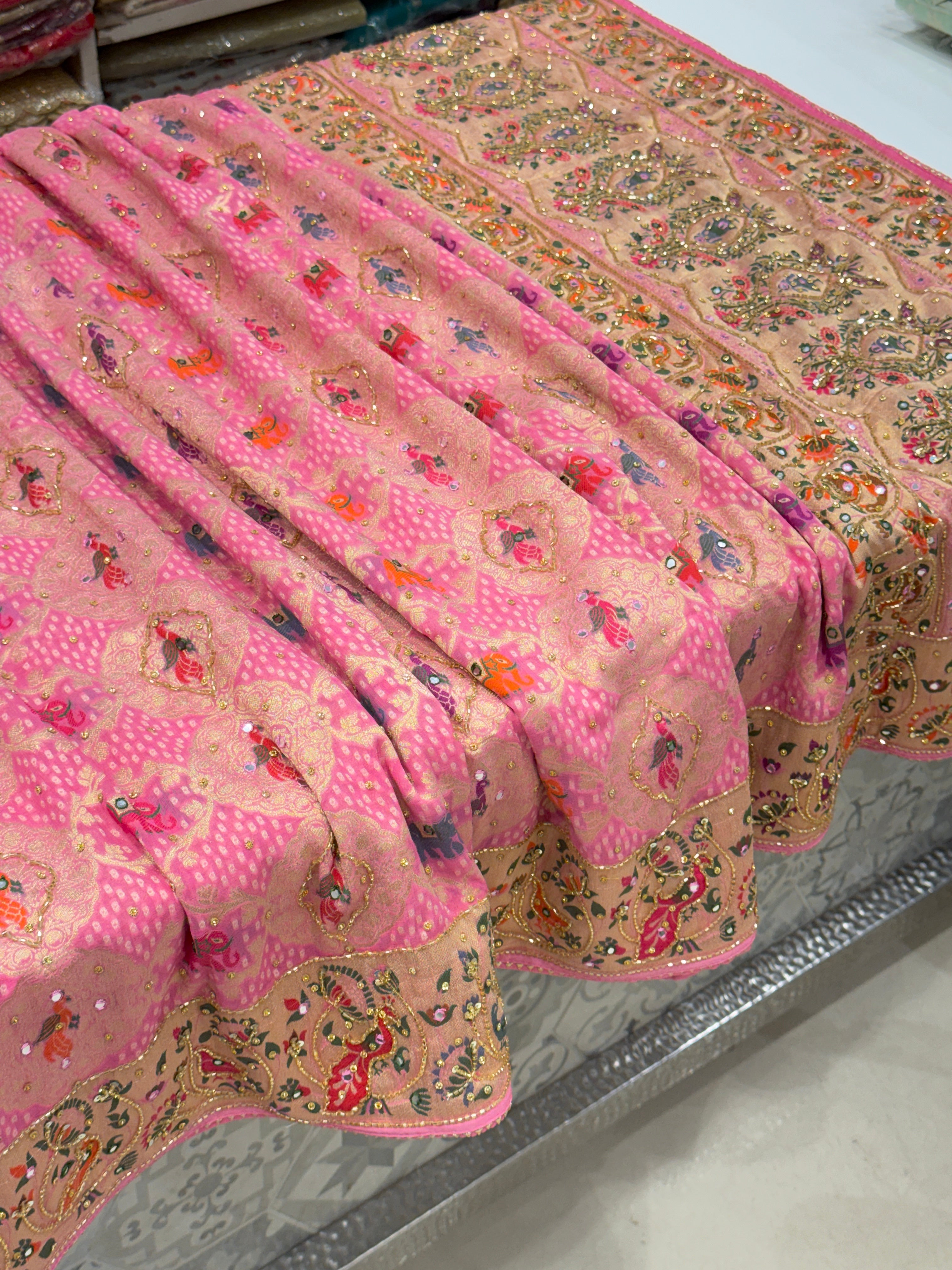 Pink Woven Bandhej Peacock Elephant Motifs Gharchol Embroidery Saree