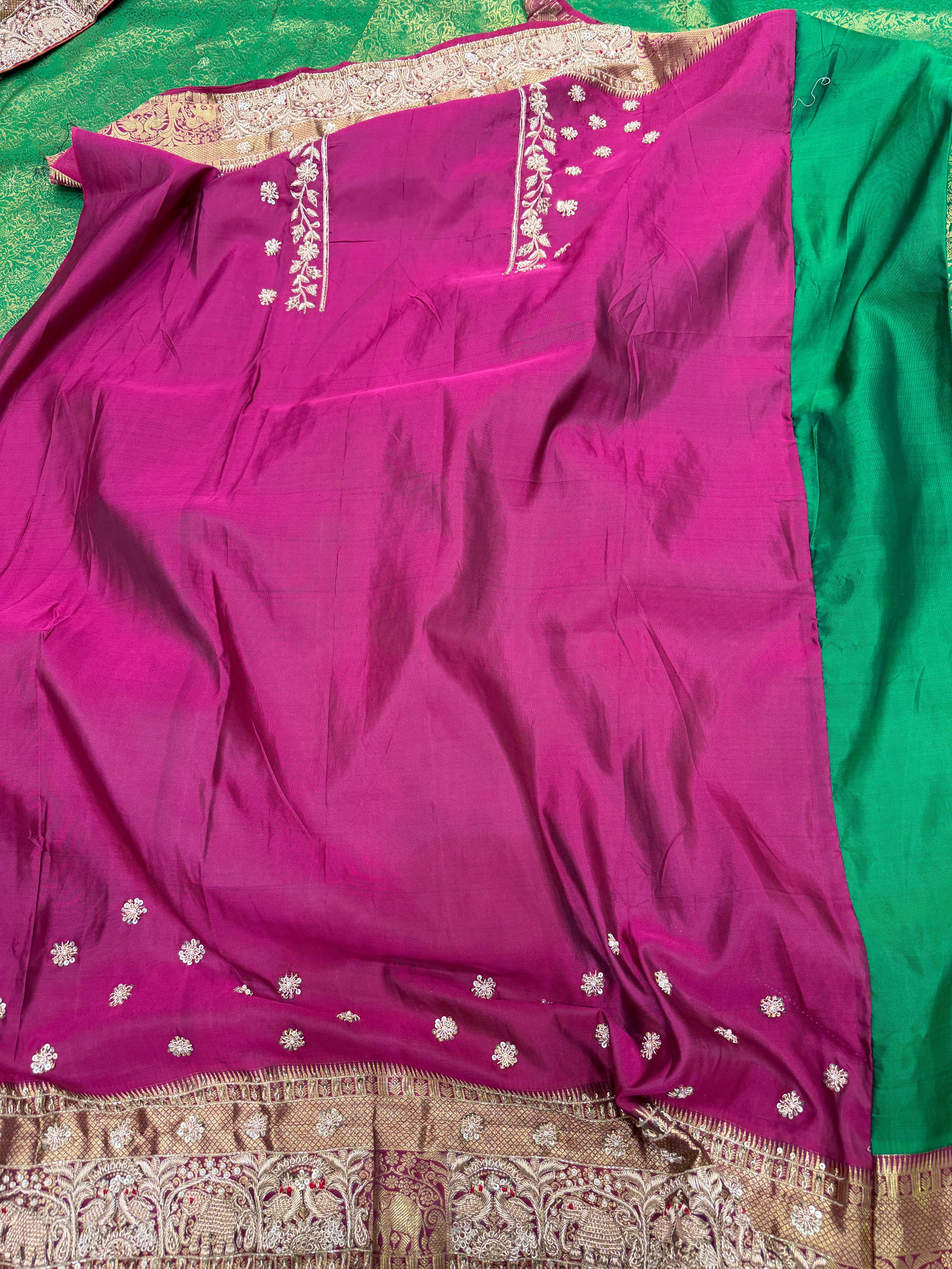 Green Purple Kanjivaram Elephant Motifs Zardosi Hand Embroidery Saree