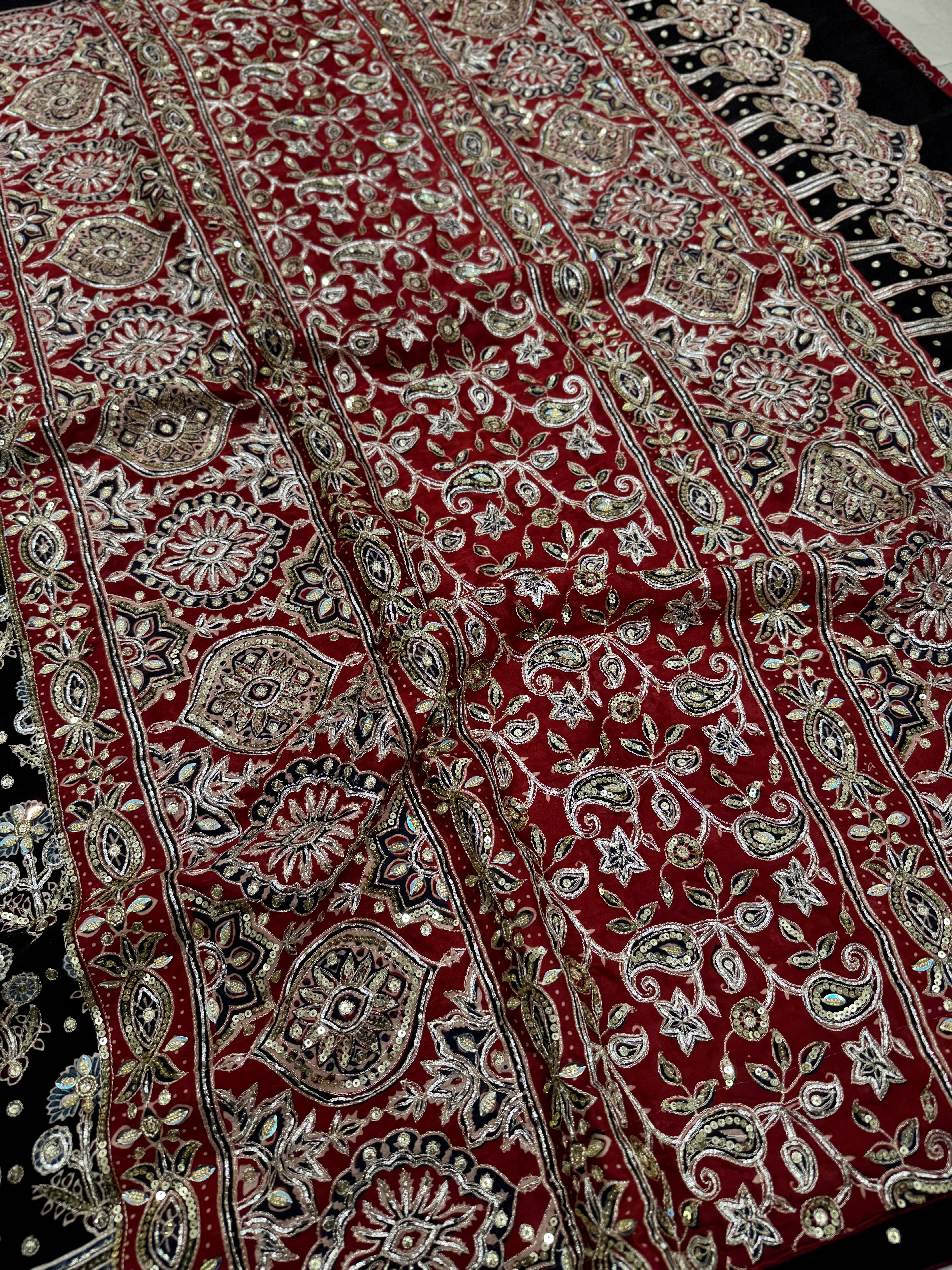 Black Floral Buttas Ajrakh Hand Embroidery Saree