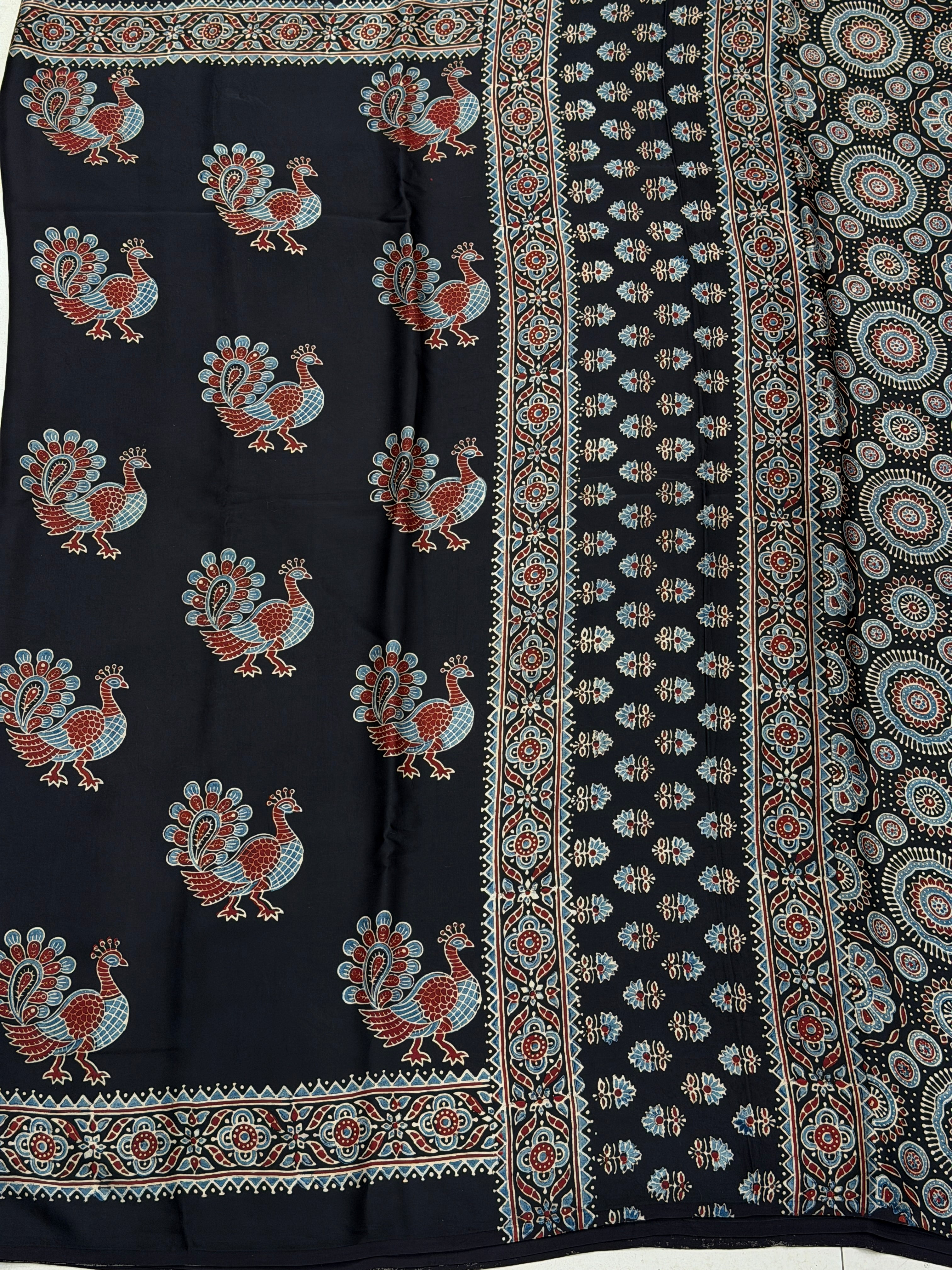 Black Peacock Butta Ajrakh Hand Block Print Pure Modal Silk Saree