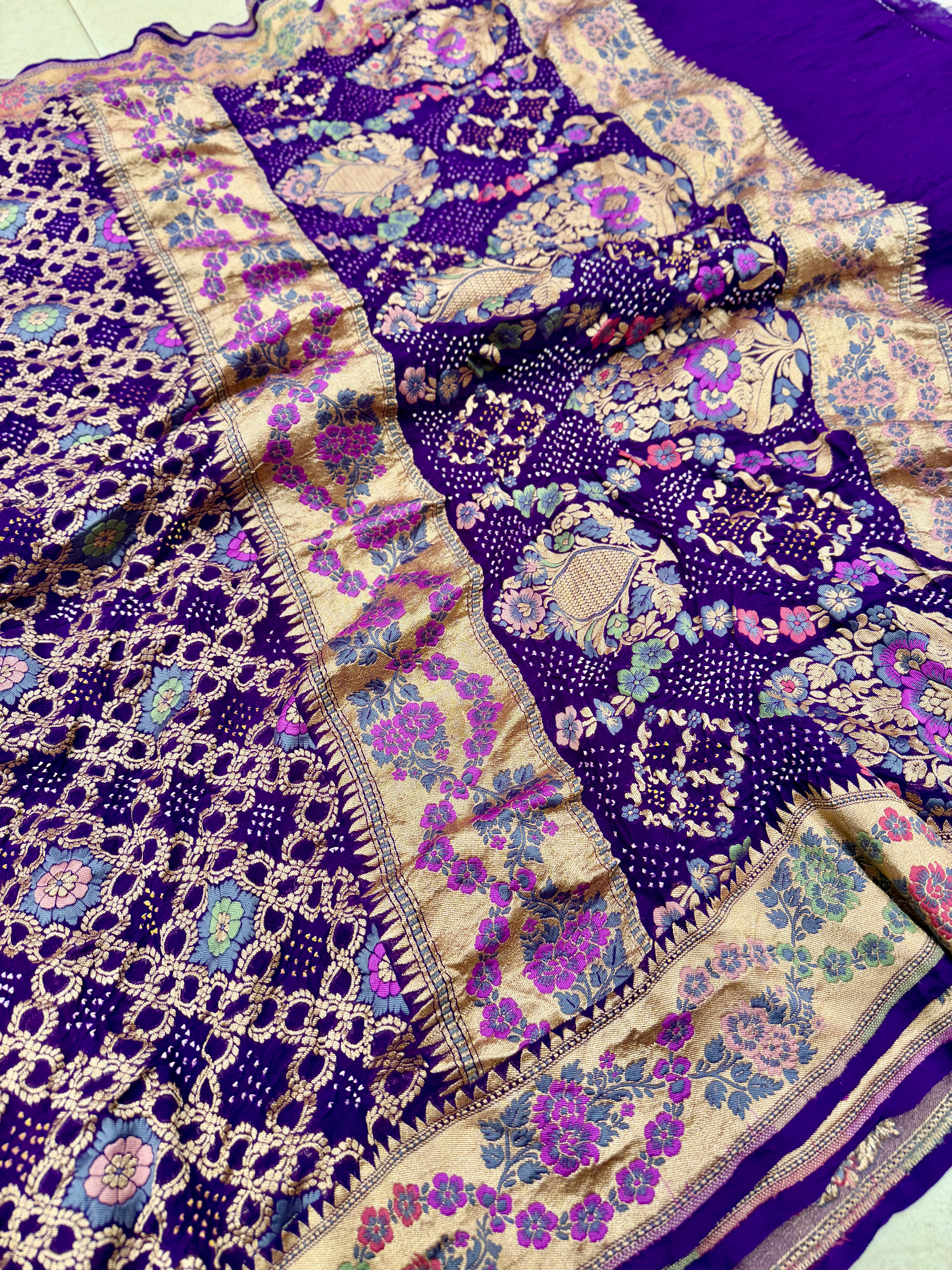 Violet Meenakari Pure Handloom Rai Bandhej Saree