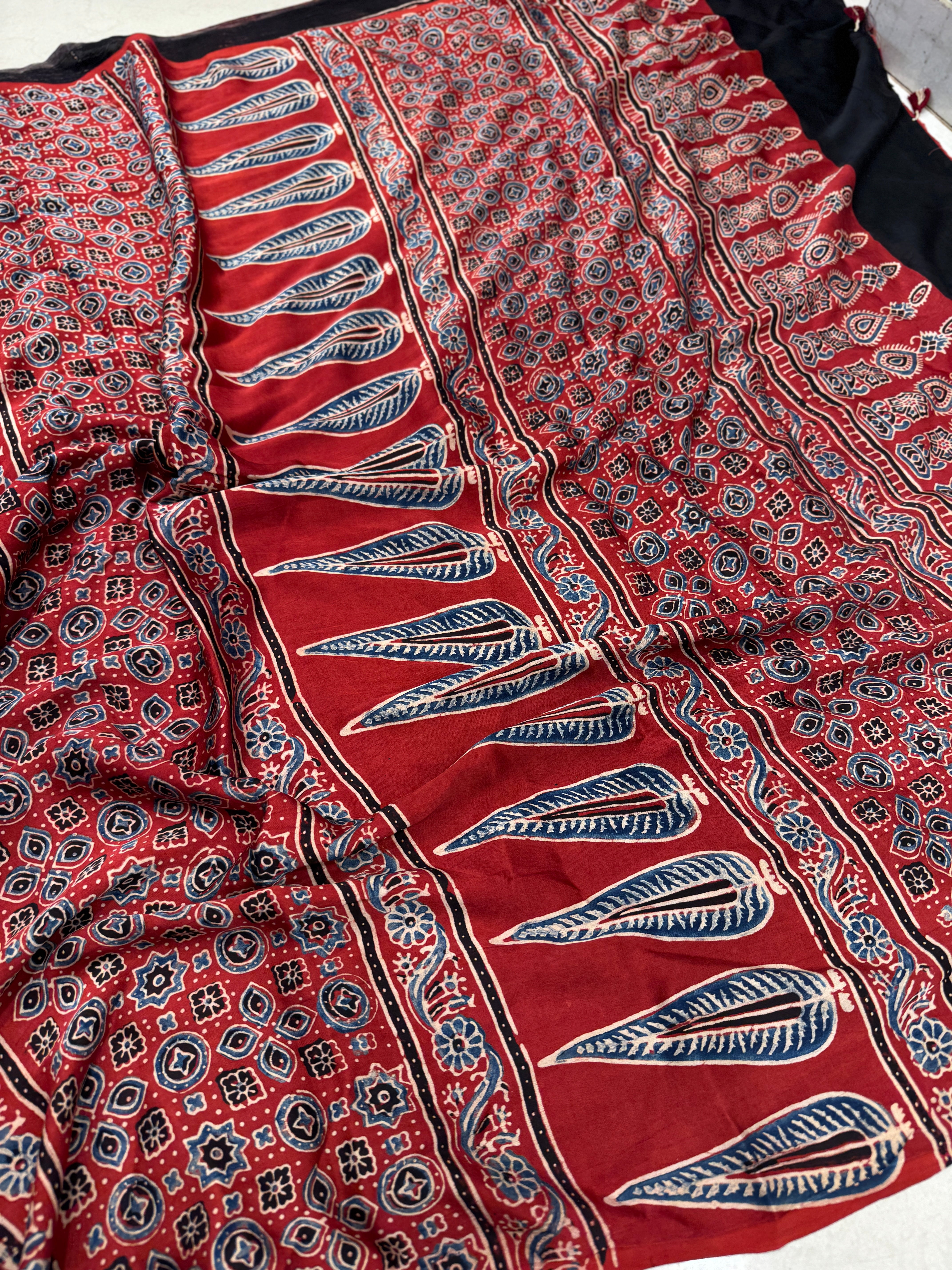 Red Half Contemporary Ajrakh Hand Block Print Pure Gajji Silk Saree