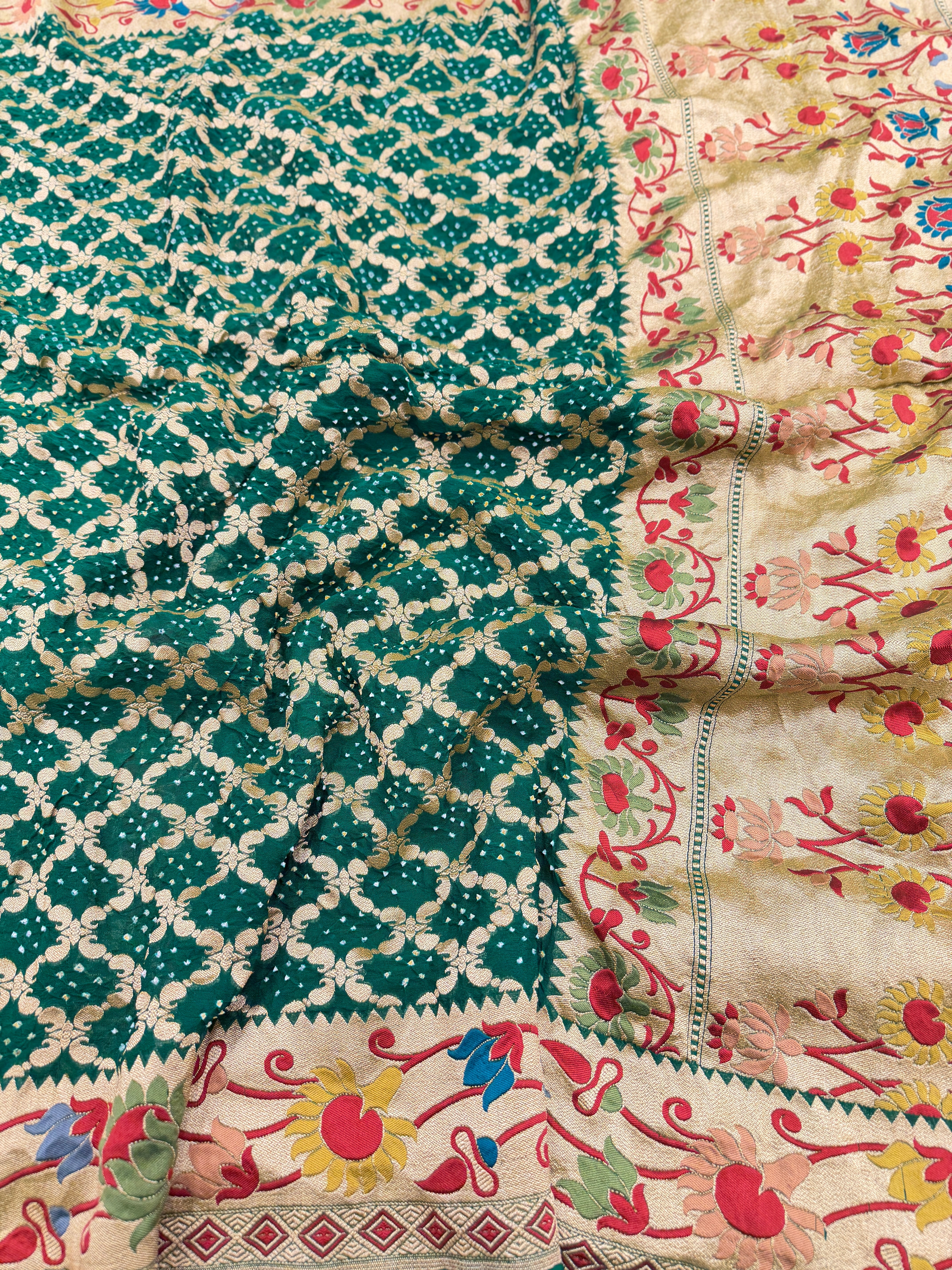 Bottle Green Meenakari Paithani Weaved Pure Handloom Georgette Bandhej Saree