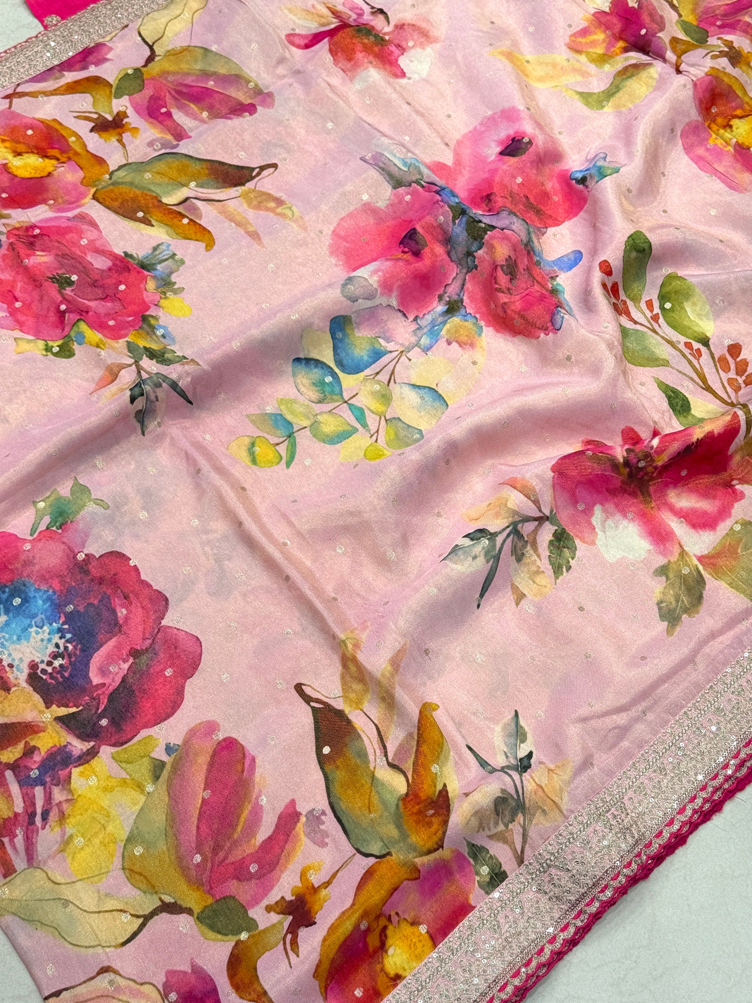Pink Printed Crepe Tissue Sabyasachi Inspired Border Saree
