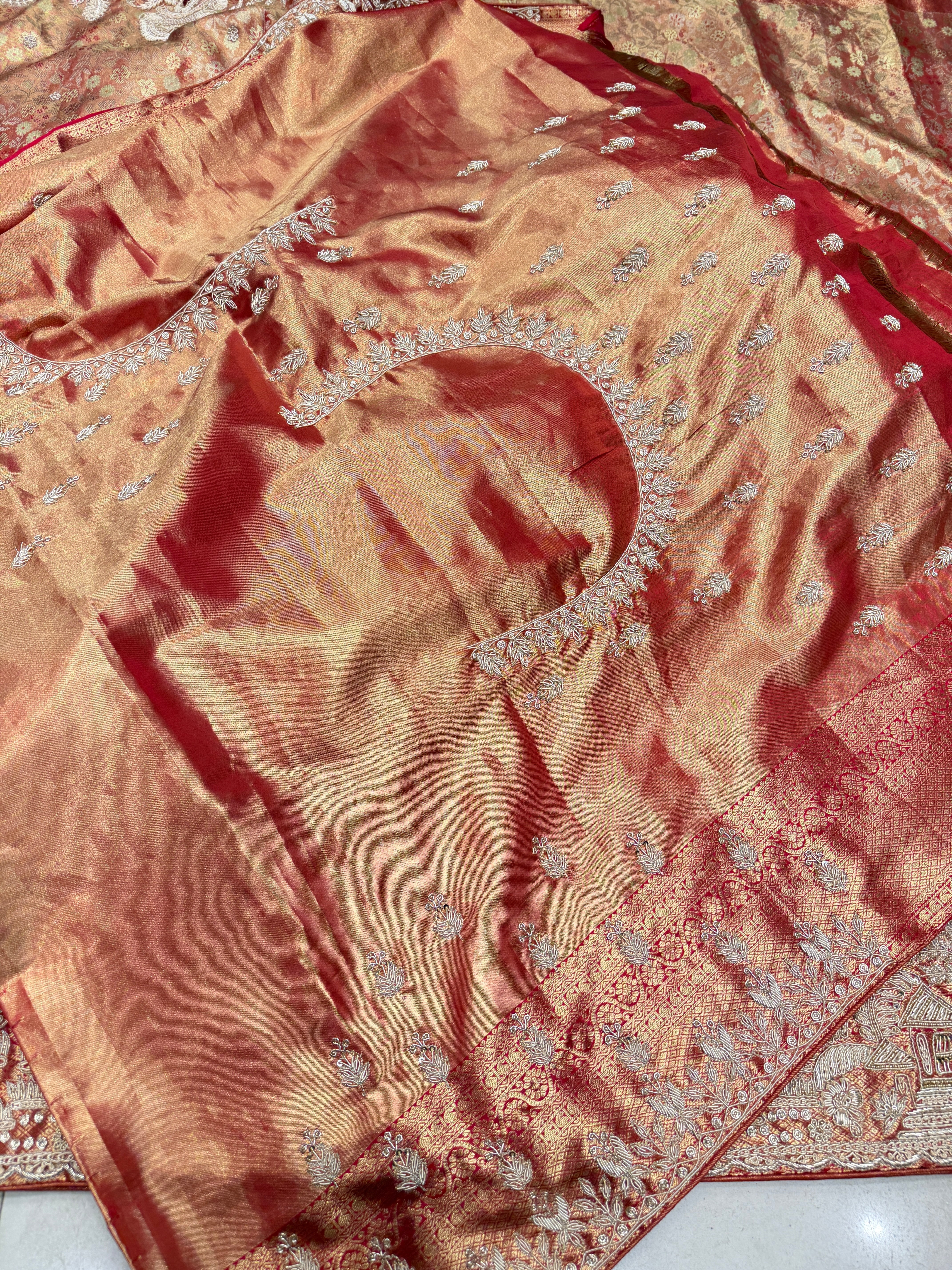 Red Tissue Kanjivaram Zardosi Doli Hand Embroidery Saree