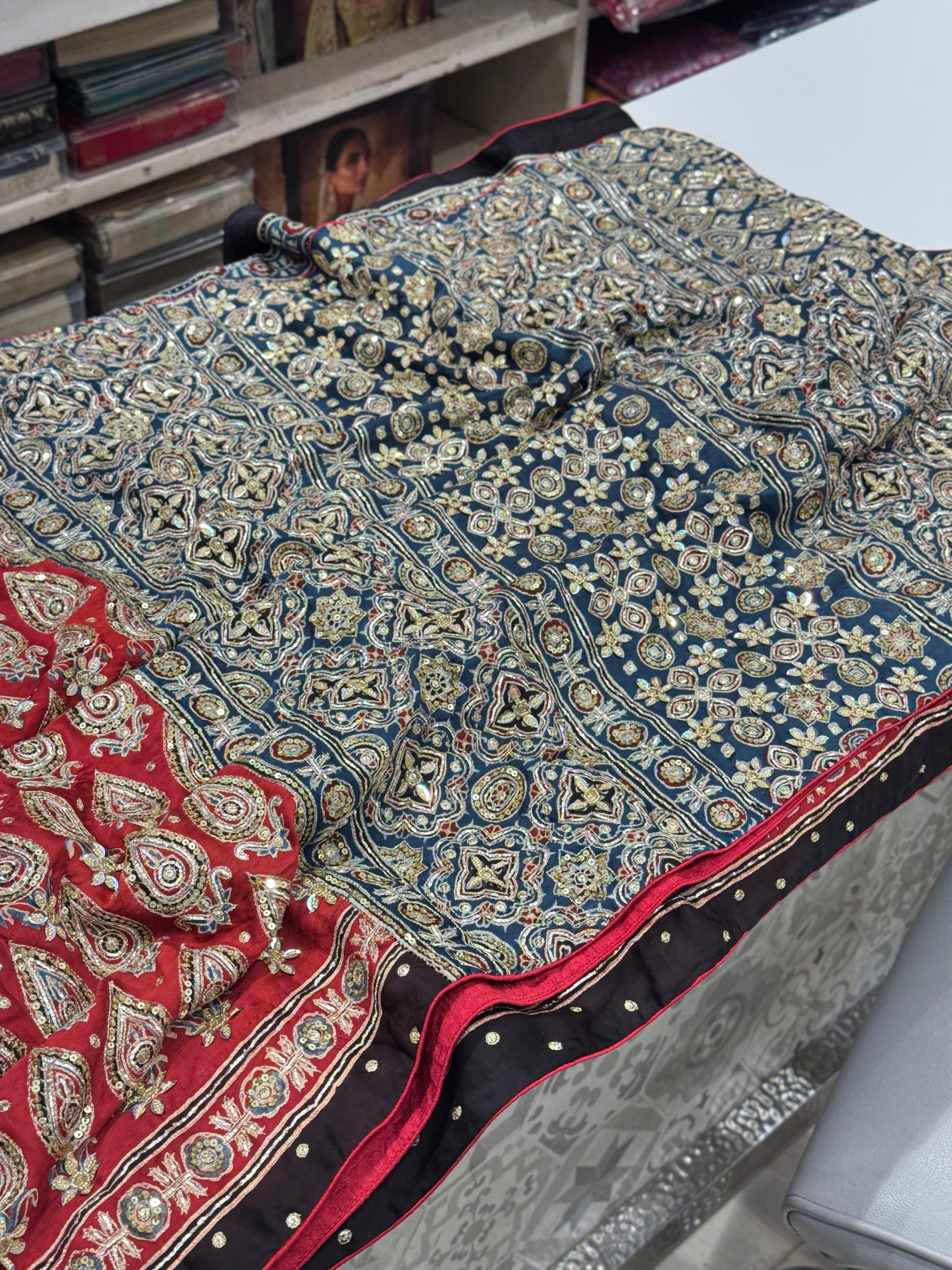 Red Blue Pallu Floral Buttas Ajrakh Hand Embroidery Saree