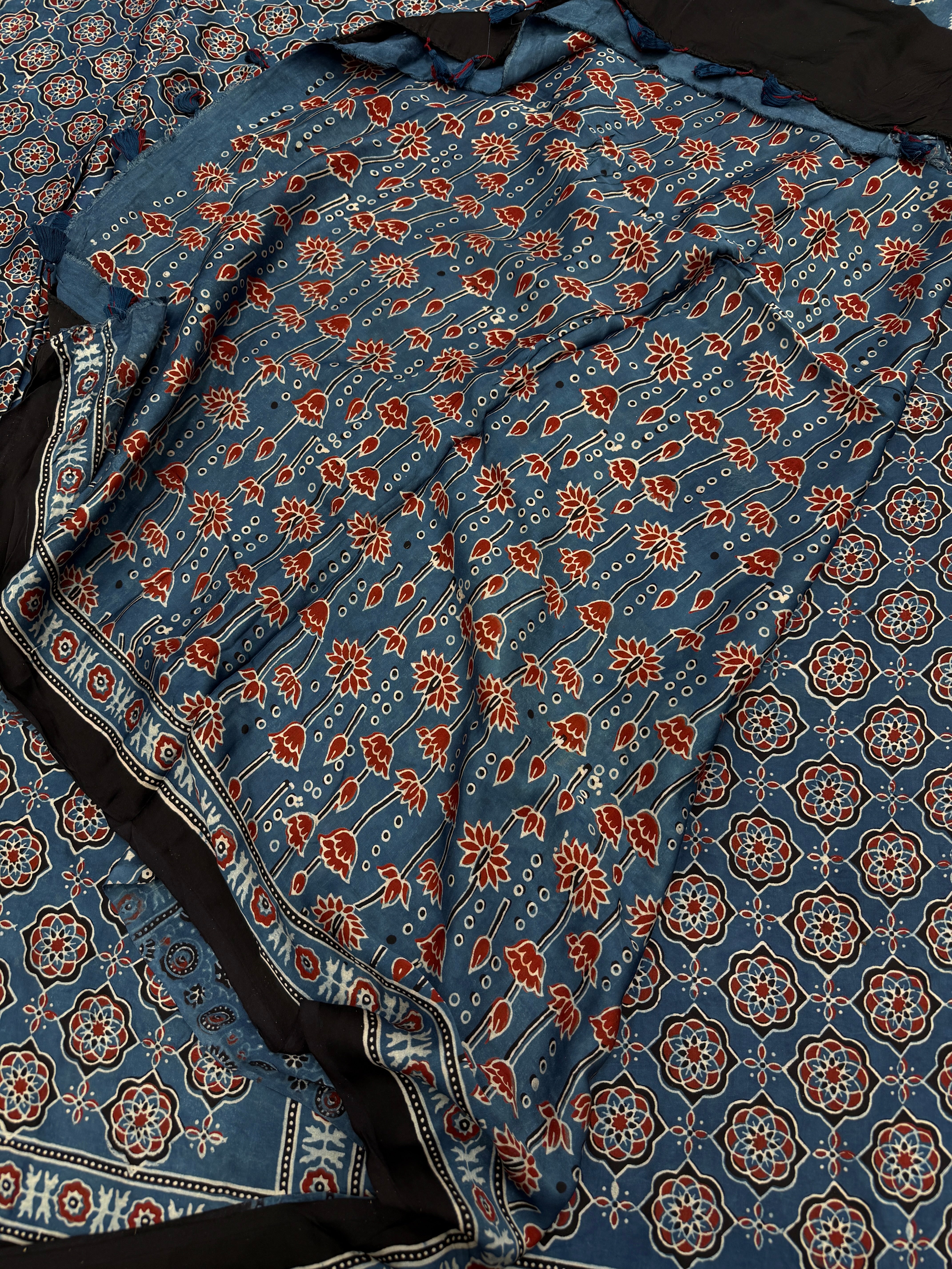 Blue Jaal Ajrakh Hand Block Print Pure Gajji Silk Saree