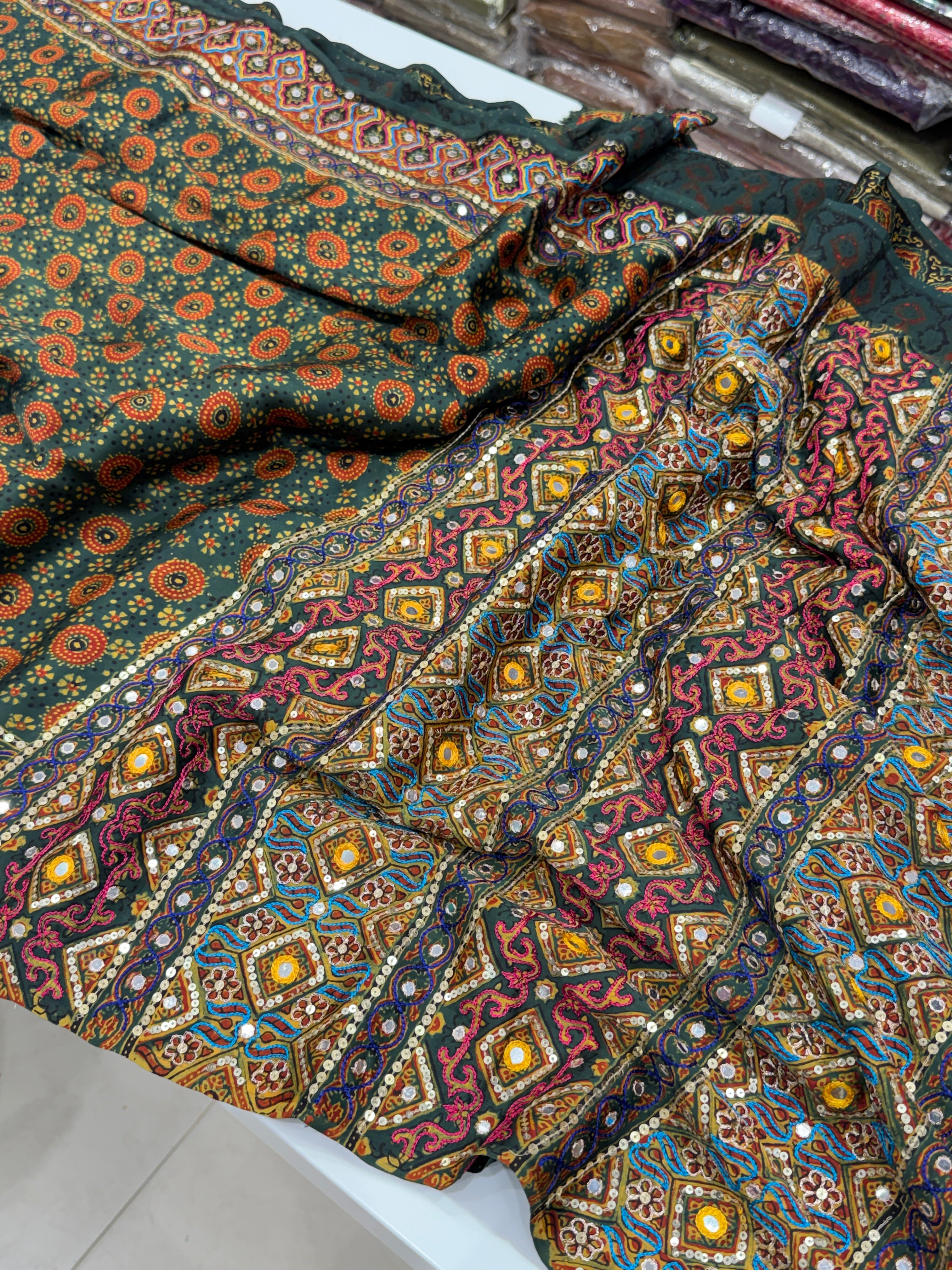 Green Kutchi Hand Embroidery Ajrakh Saree