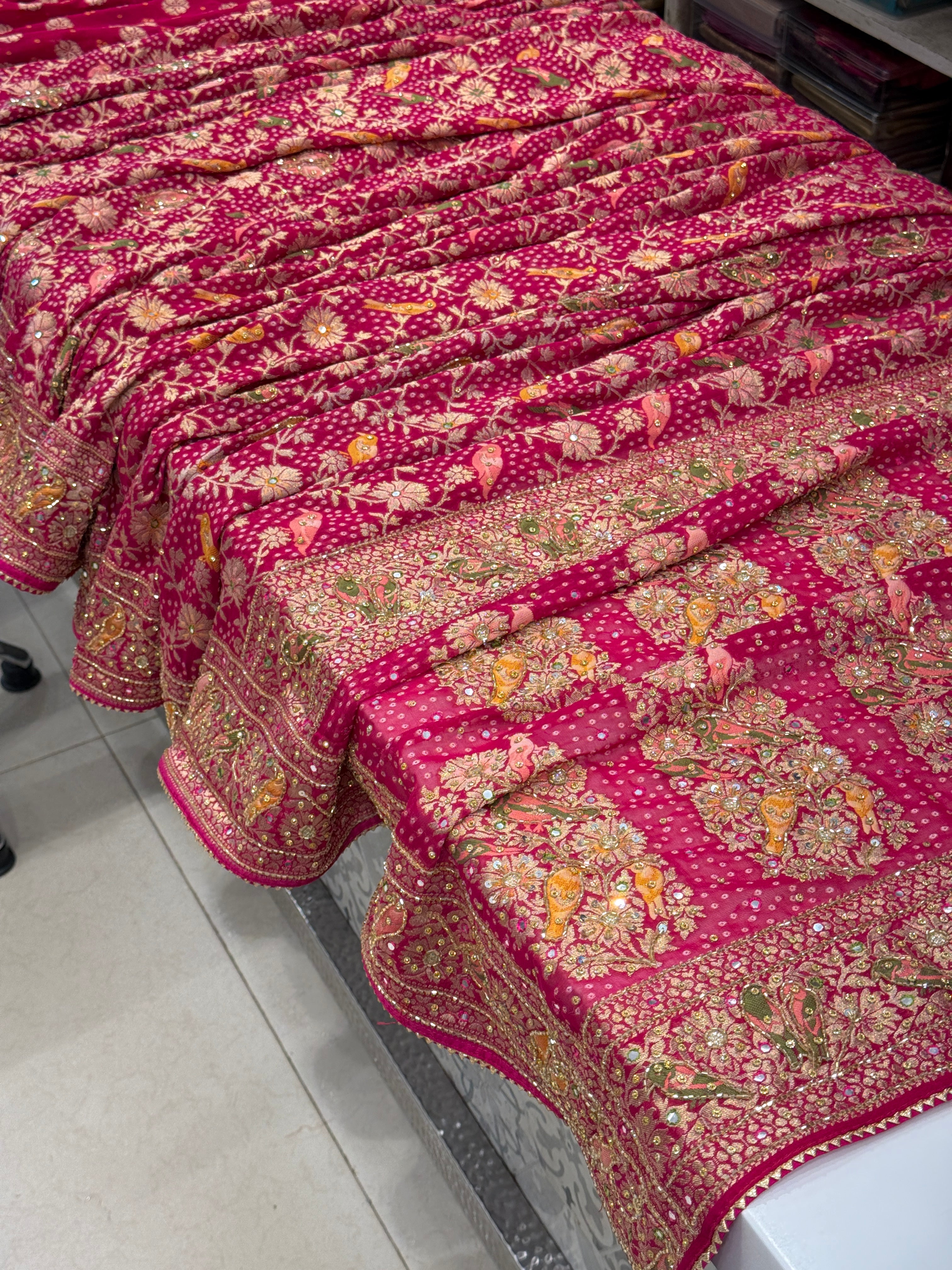 Rani Woven Bandhej Meenakari Parrot Motif Hand Embroidery Saree