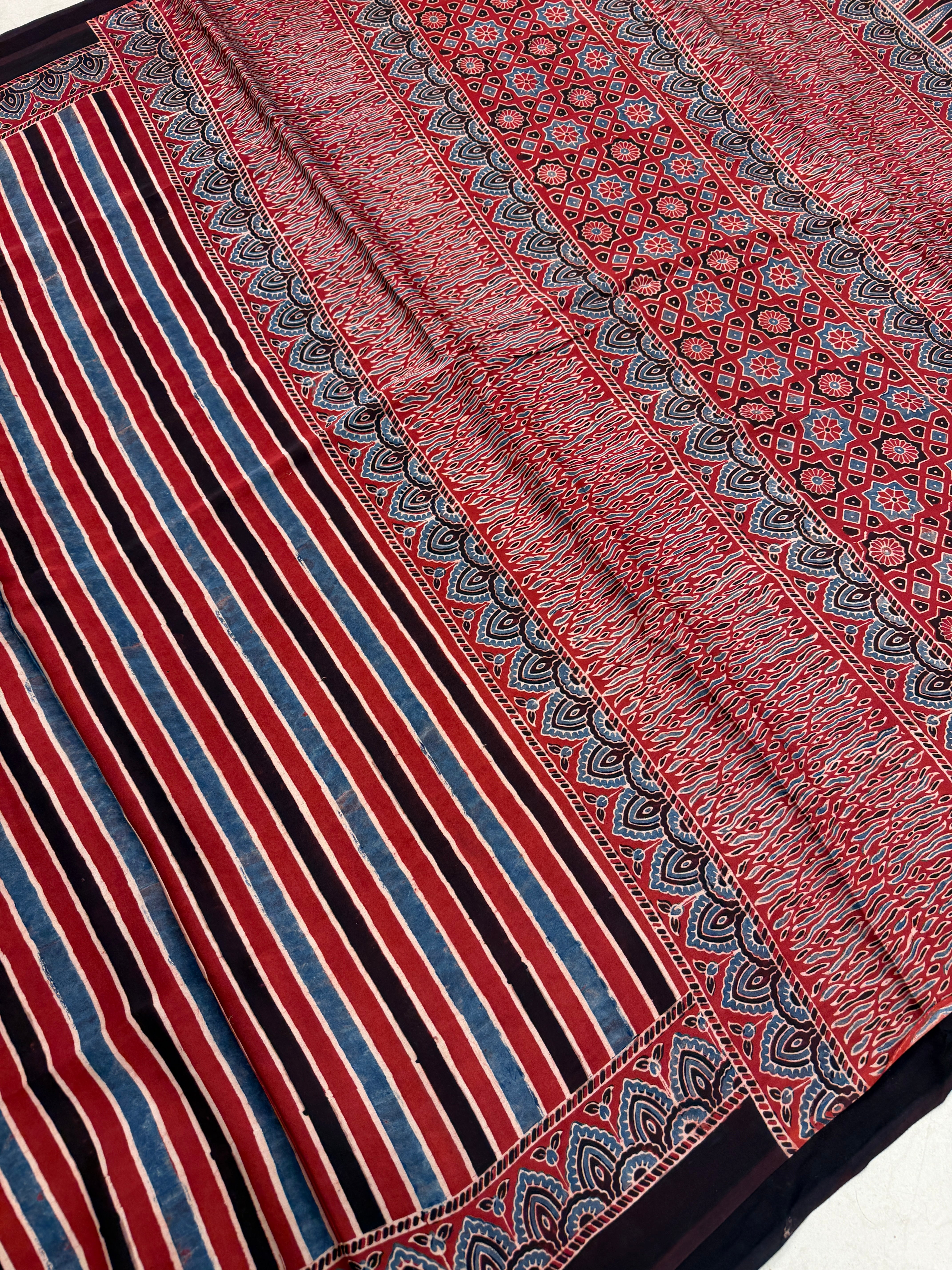Red Contemporary Ajrakh Hand Block Print Pure Gajji Silk Saree