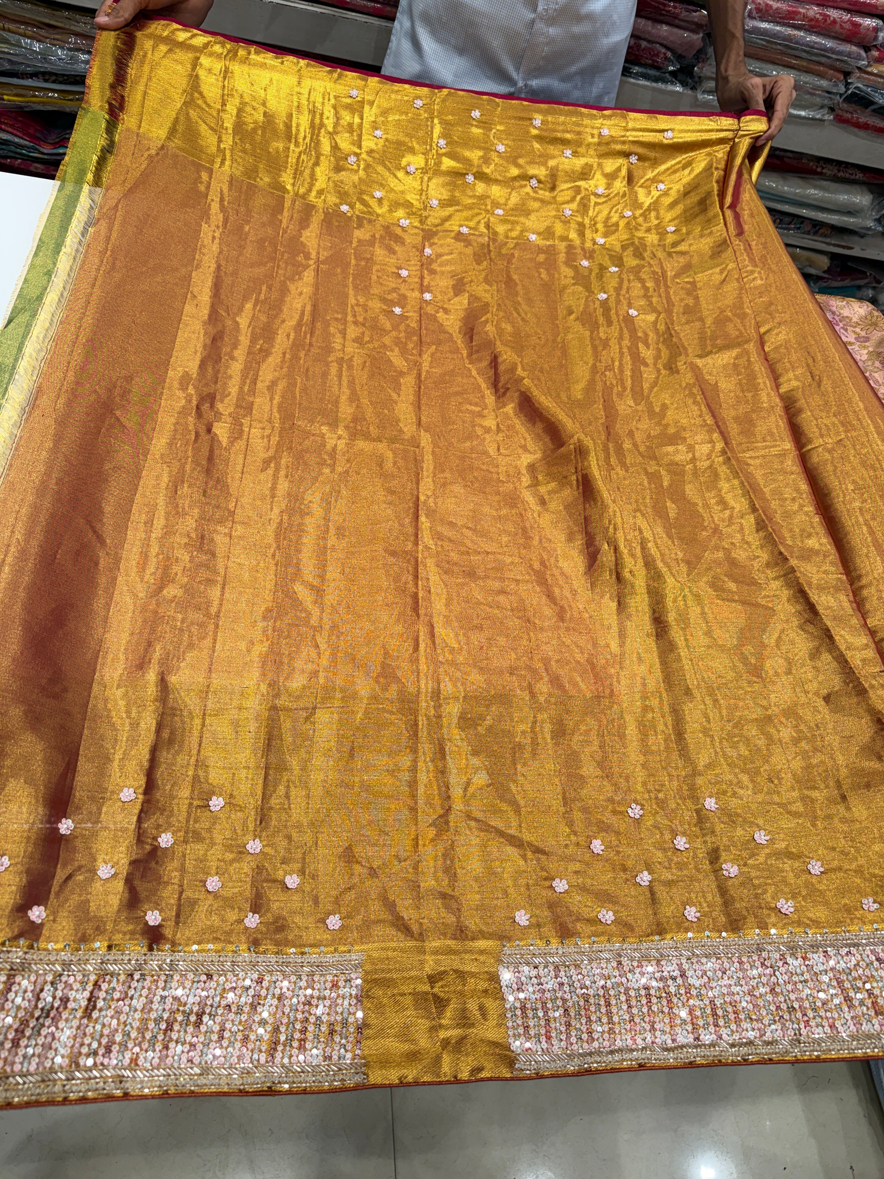 Pink Meenakari Tissue Kanjivaram Moti Zardosi Hand Embroidery Saree