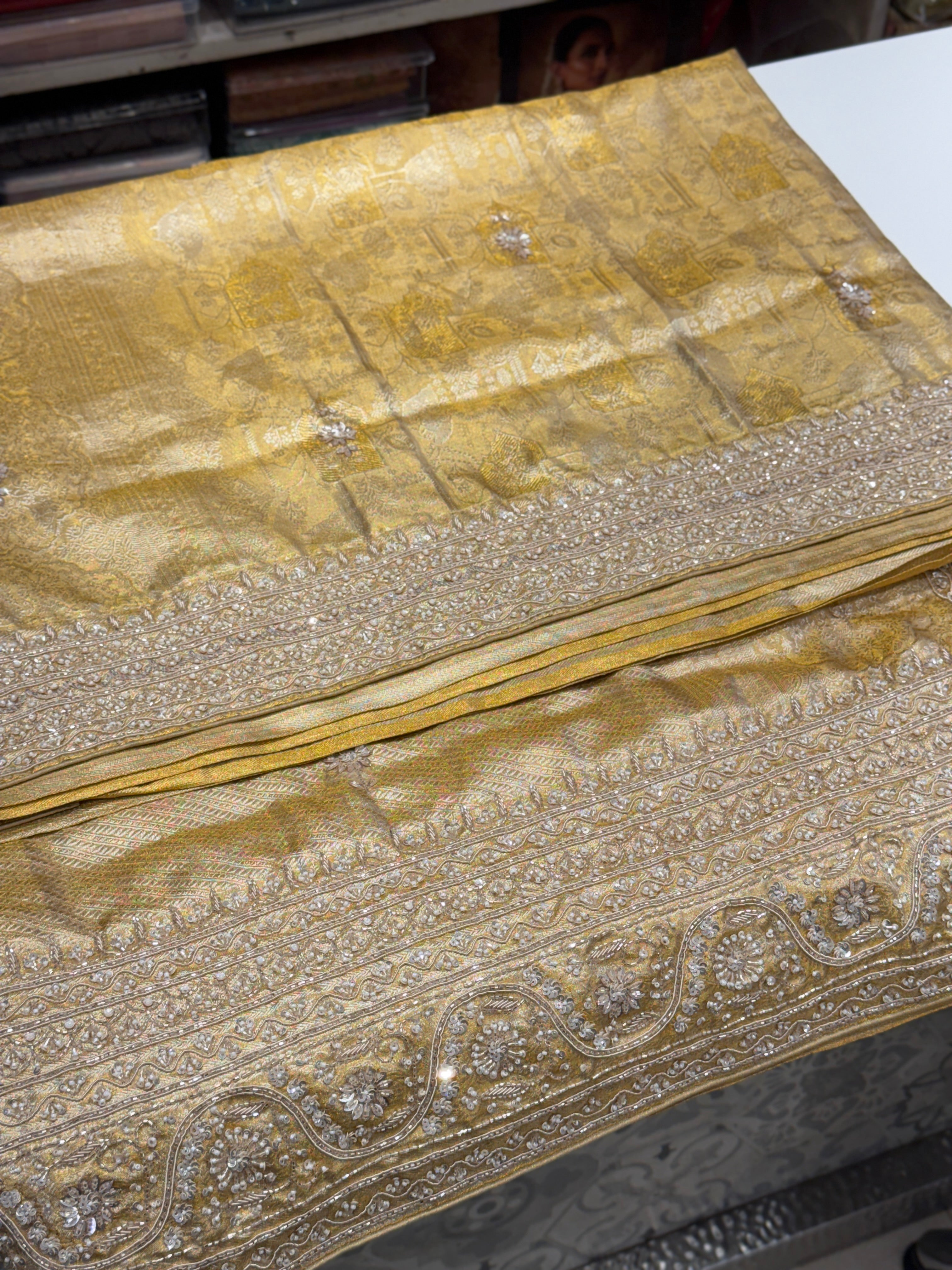 Gold Tissue Zardosi Moti Kanjivaram Hand Embroidery Saree