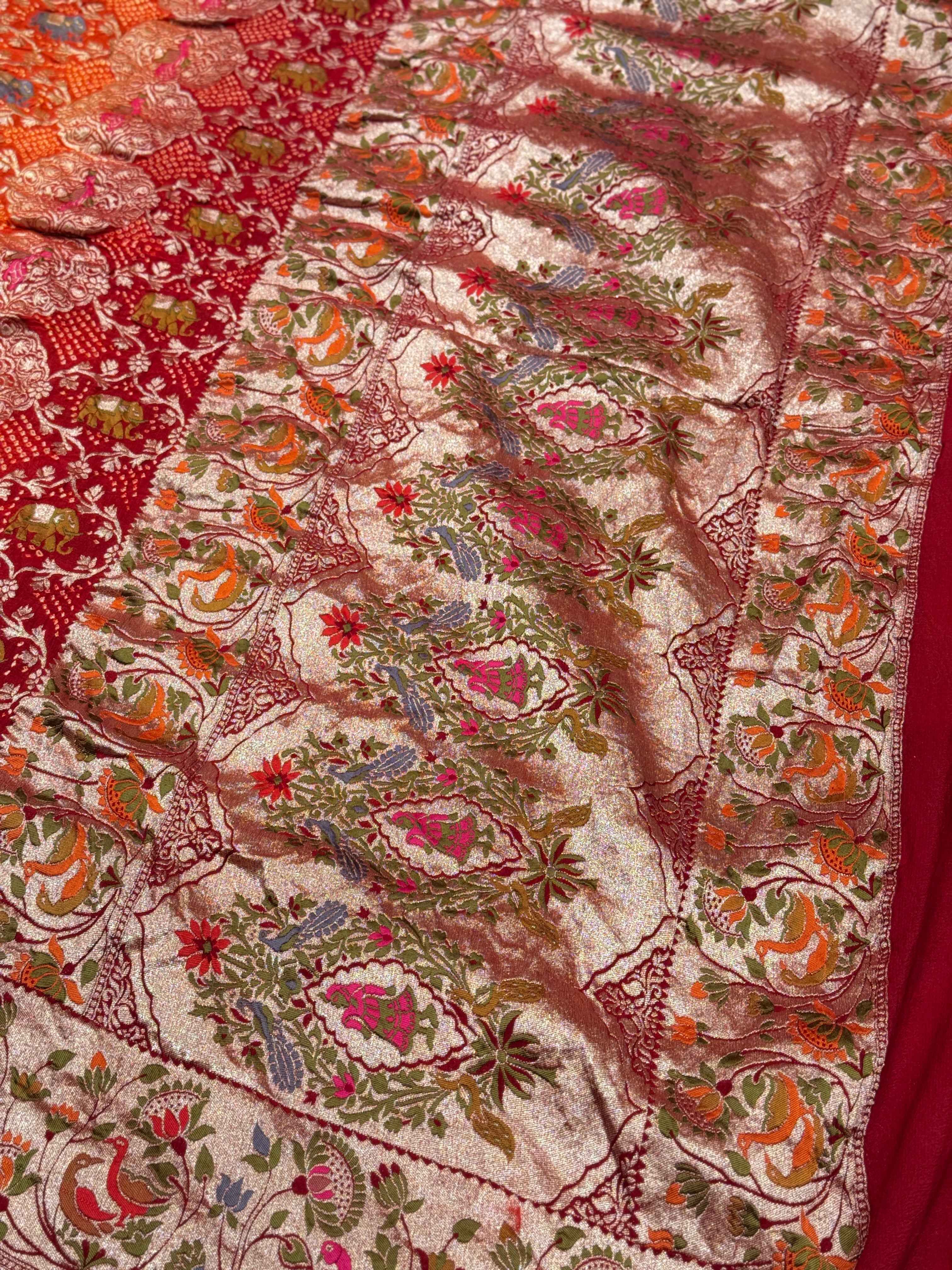 Red Orange Shaded Meenakari Rai Bandhej Shikara Saree