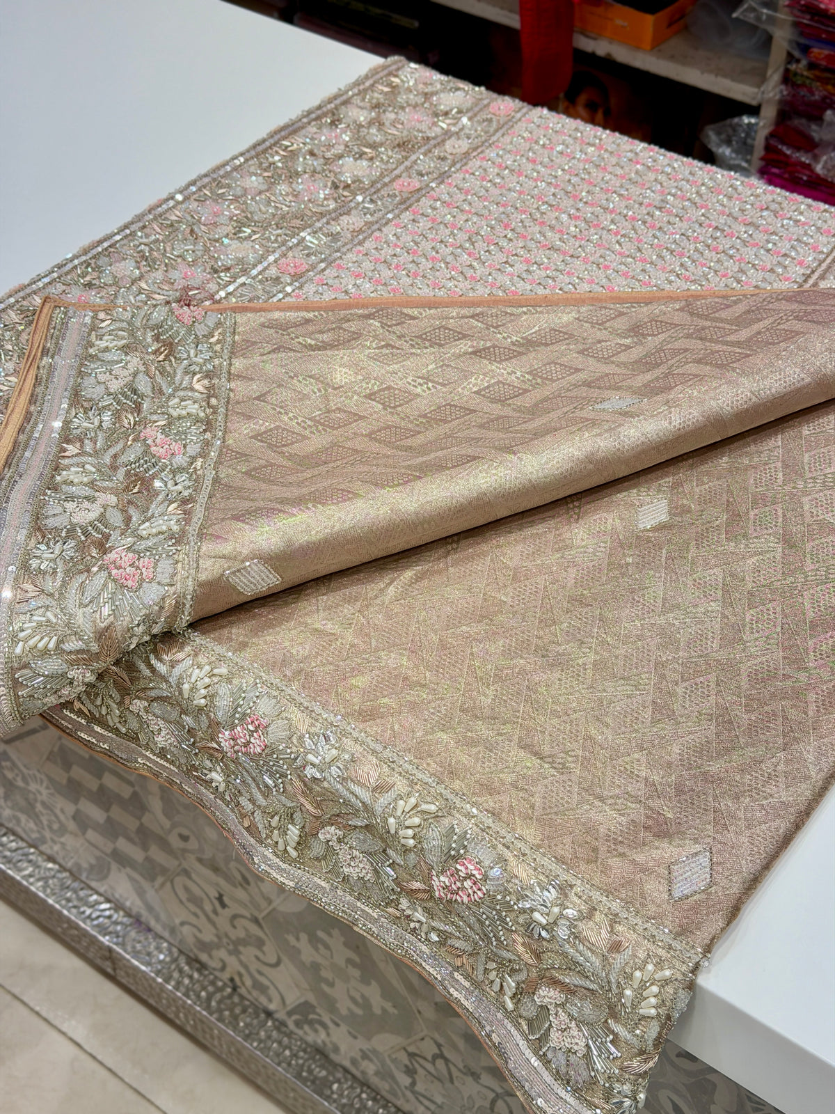 Nude Peachish Pink Silver Kanjivaram Three Zari Hand Embroidery Zardosi Moti Sequin Saree