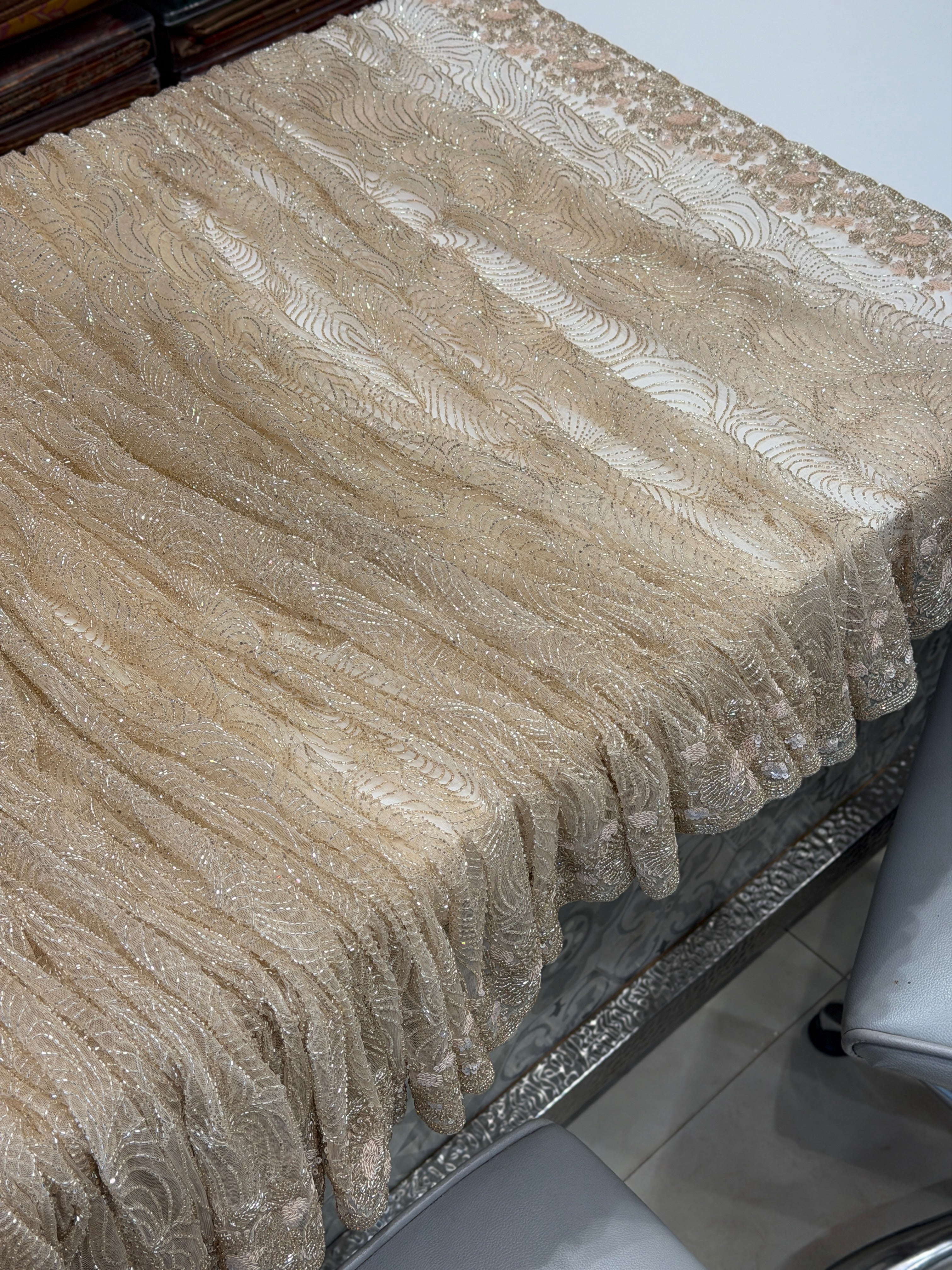 Nude Net Hand Embroidery Zardosi Moti Knot Work Saree