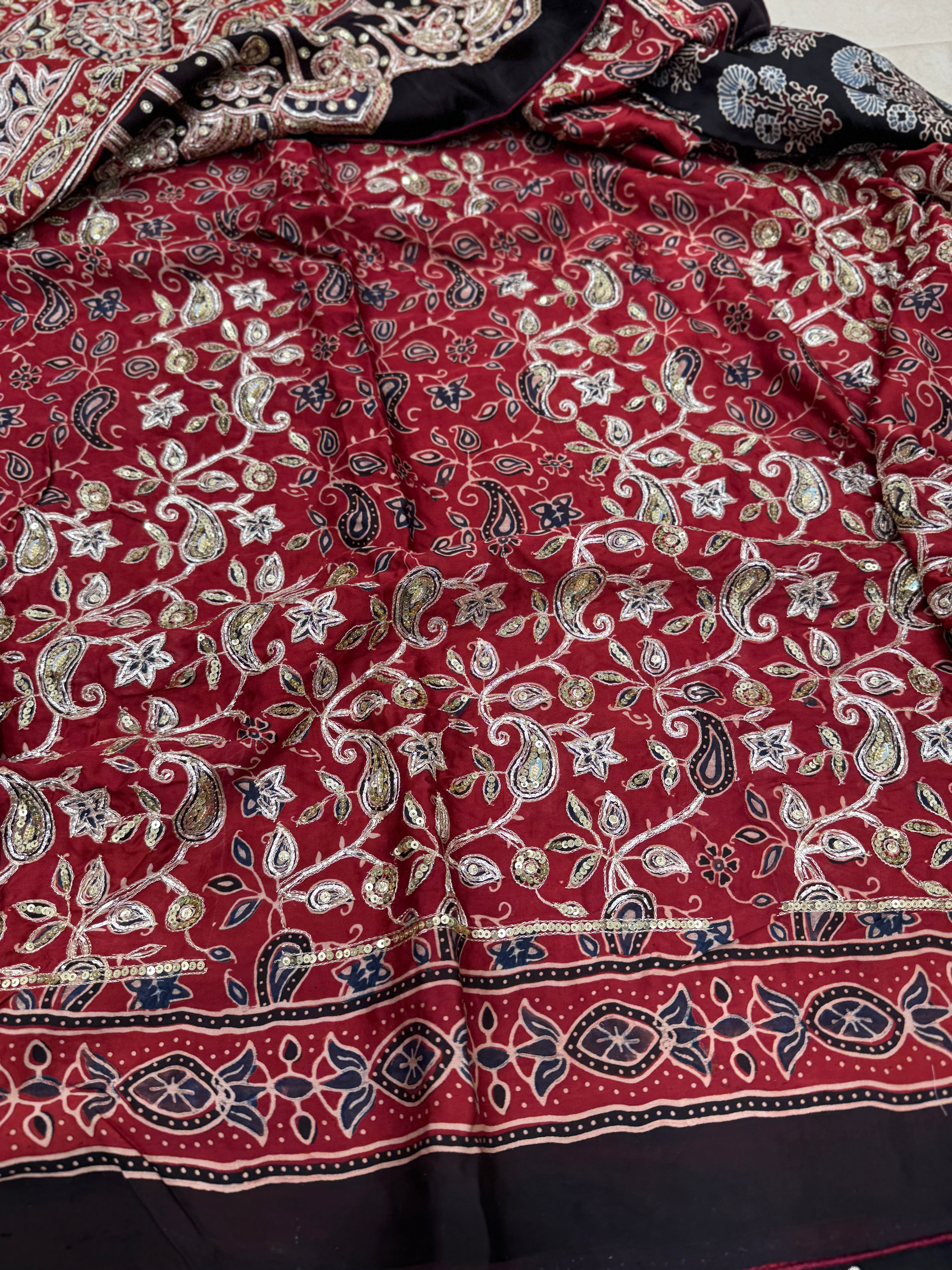 Black Floral Buttas Ajrakh Hand Embroidery Saree