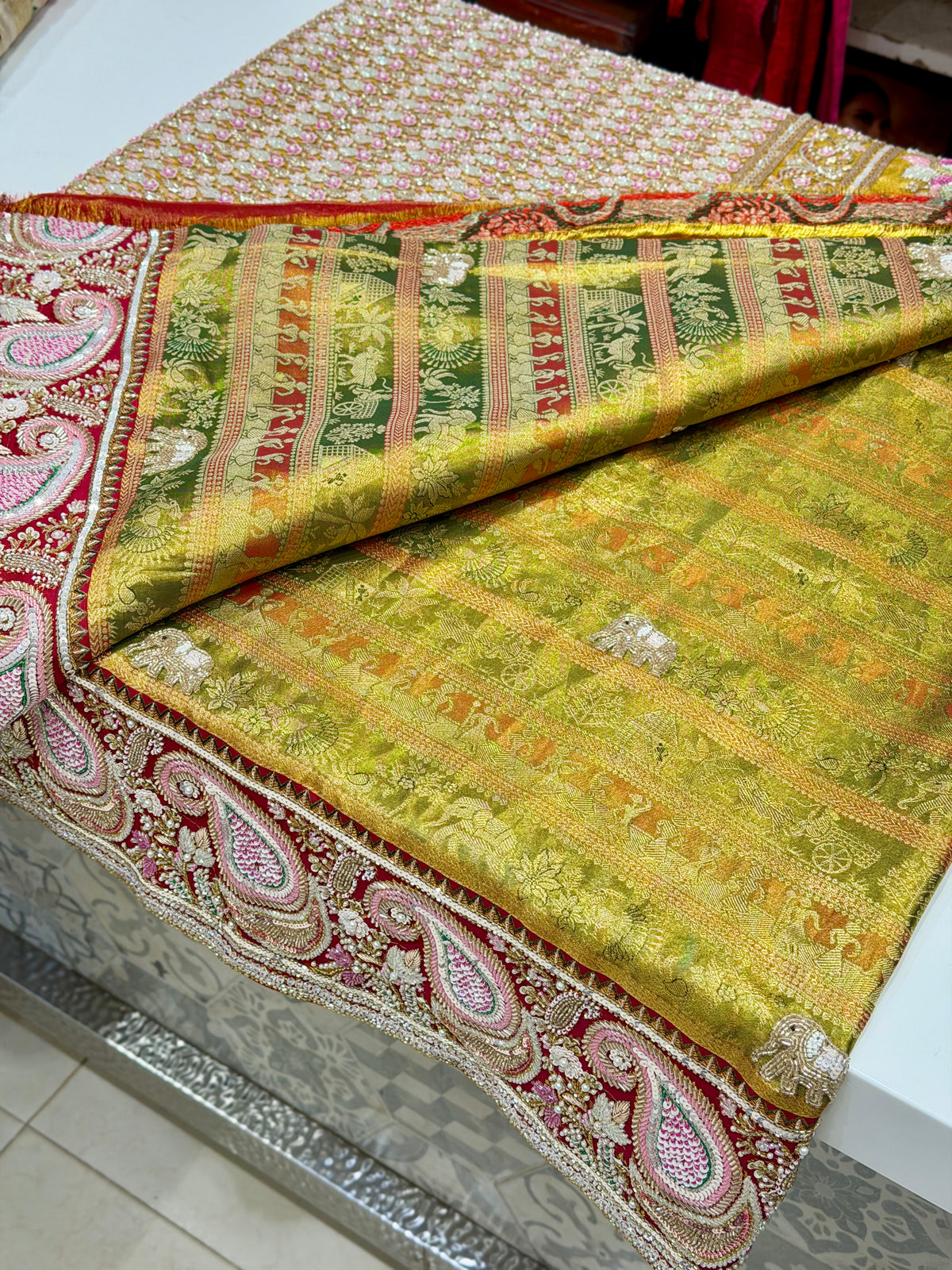Green Meenakari Tissue Kanjivaram Zardosi Moti Hand Embroidery Saree