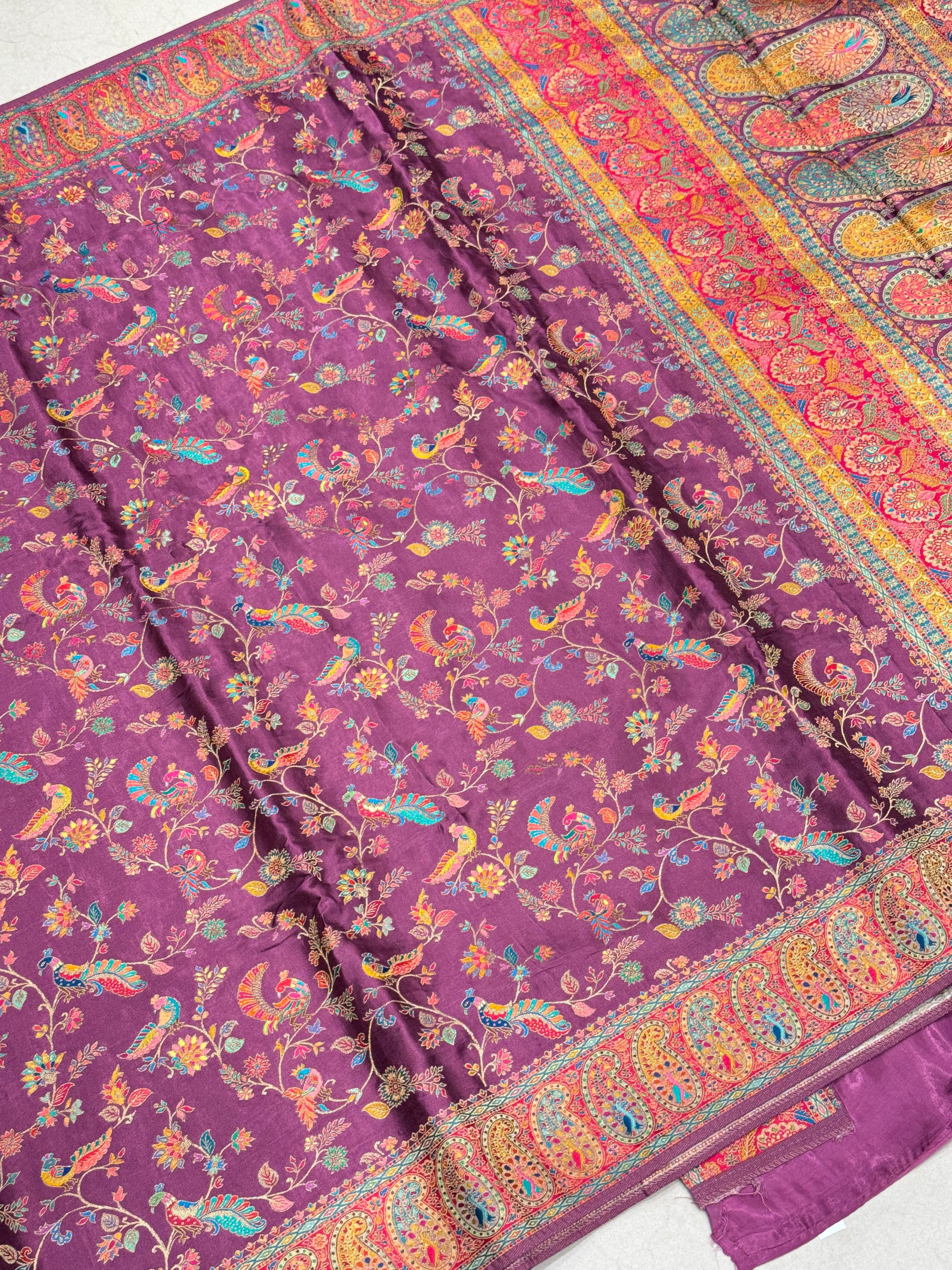 Wine Banarasi Modal Satin Pashmina Style Jaal Saree