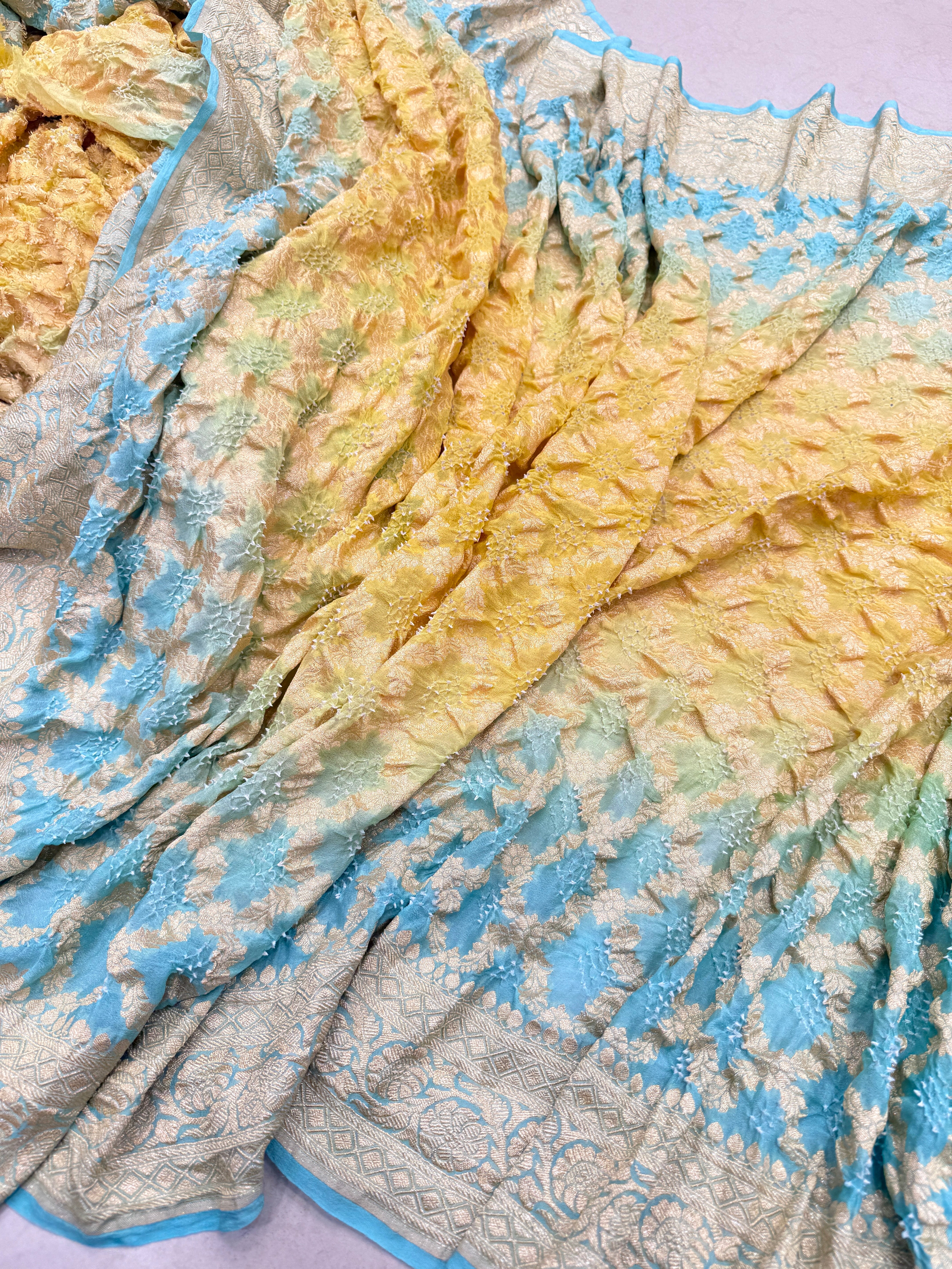 Light Blue Yellow Shaded Bandhej Bandhini Saree