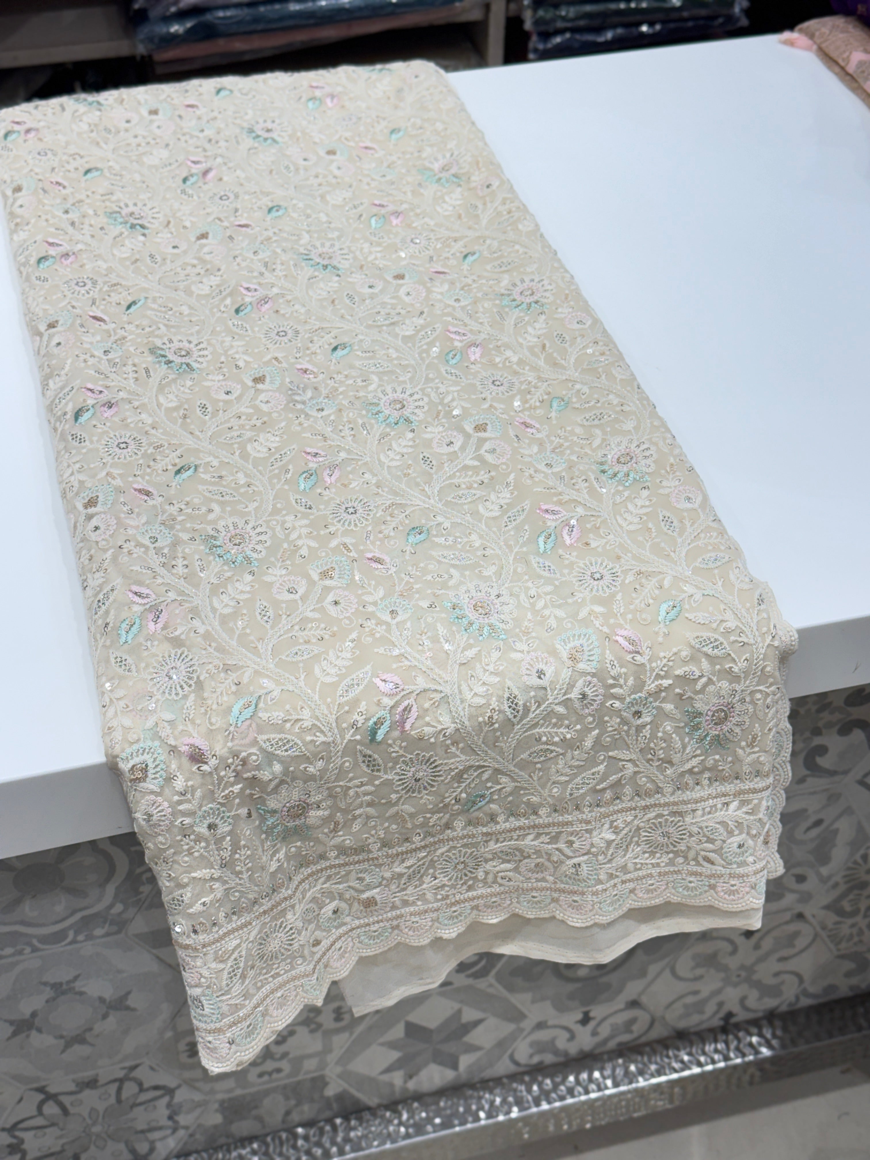 Moti White Meenakari Chikankari Scallop Design Saree
