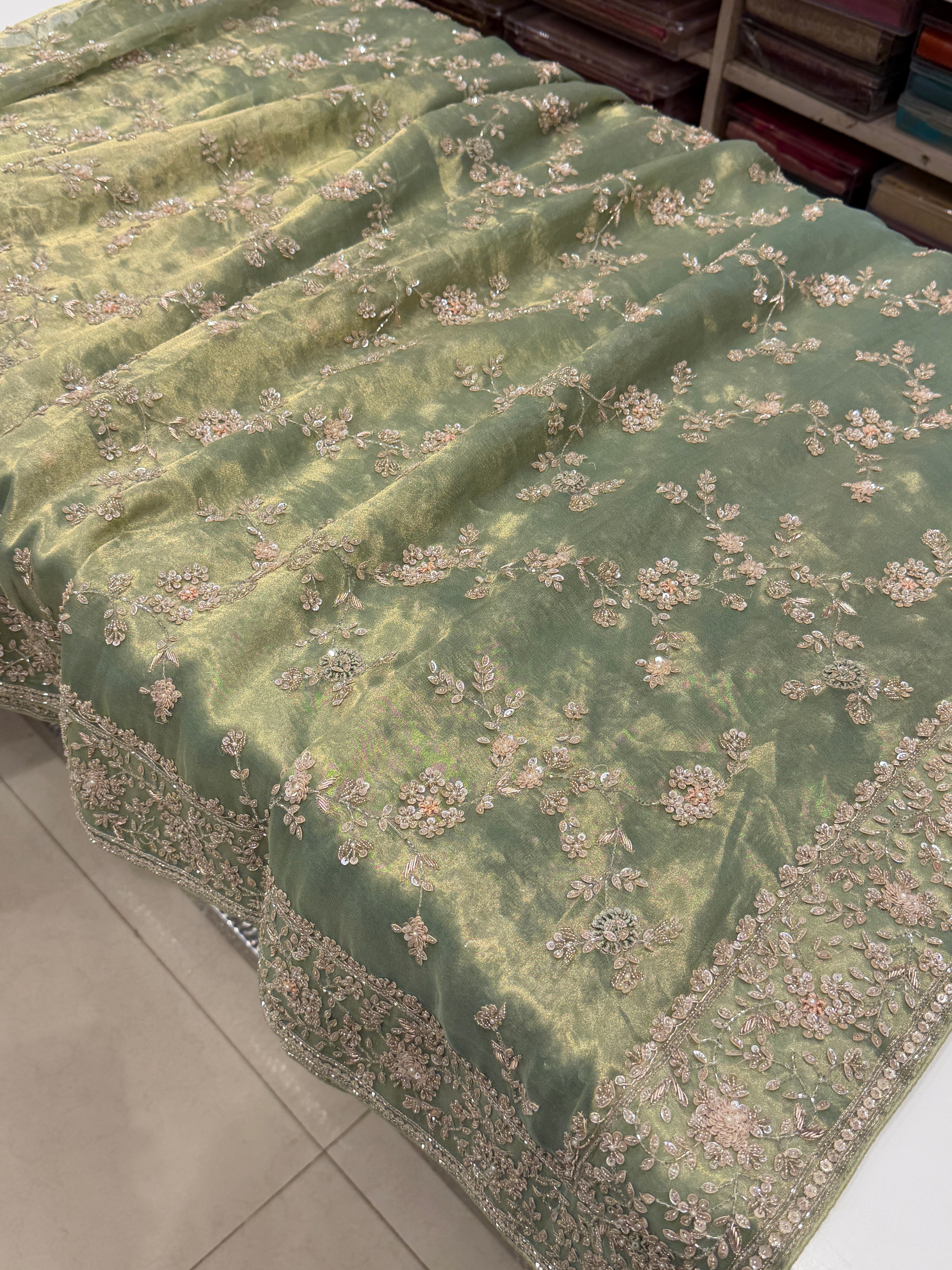 Green Tissue Silk Moti Sequin Zardosi Hand Embroidery Jaal Saree