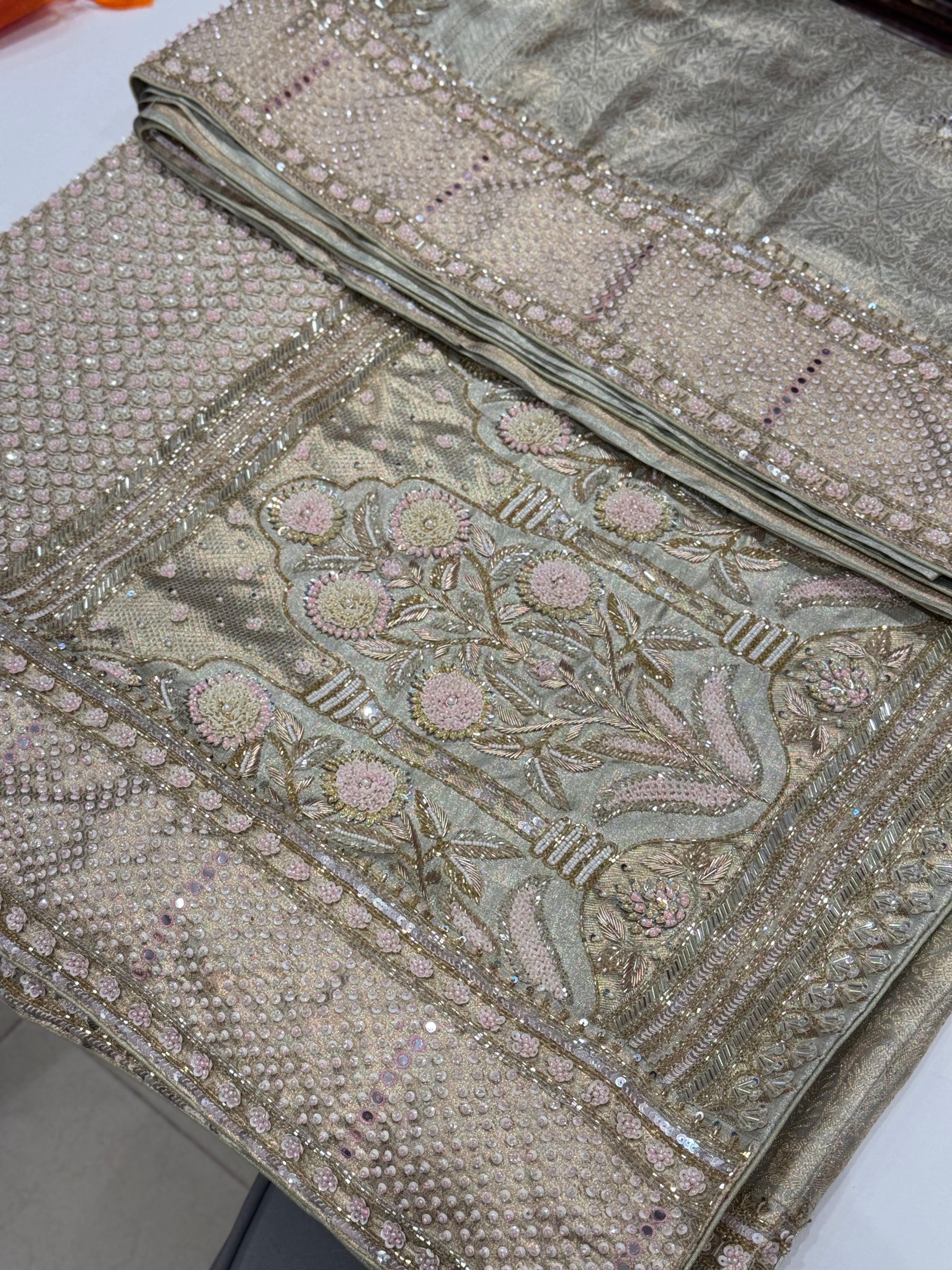 Sage Green Contemporary Tissue Jaal Kanjivaram Hand Embroidery Saree