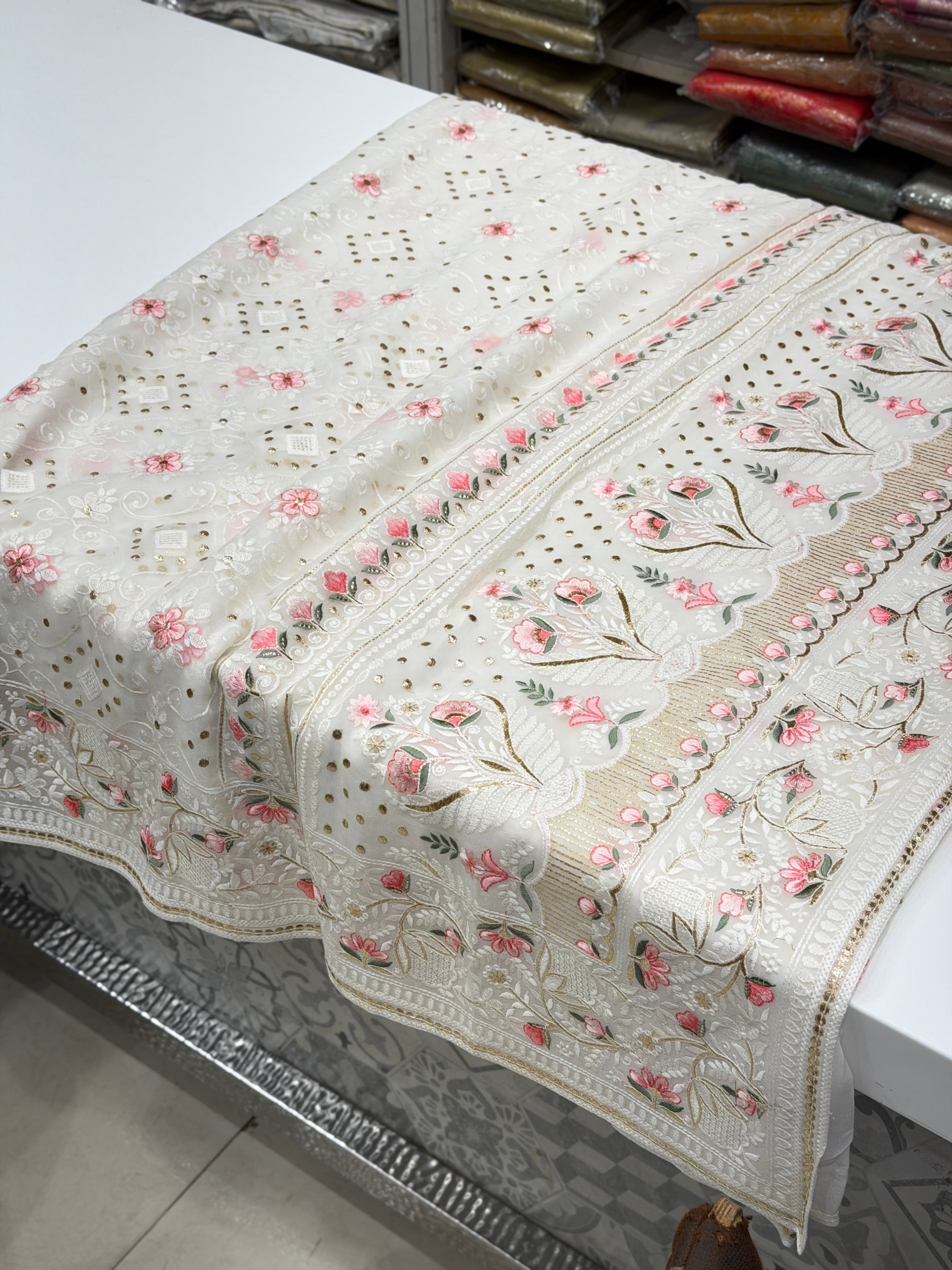 White Chikankari Meena Resham Mukaish Pita Georgette Saree